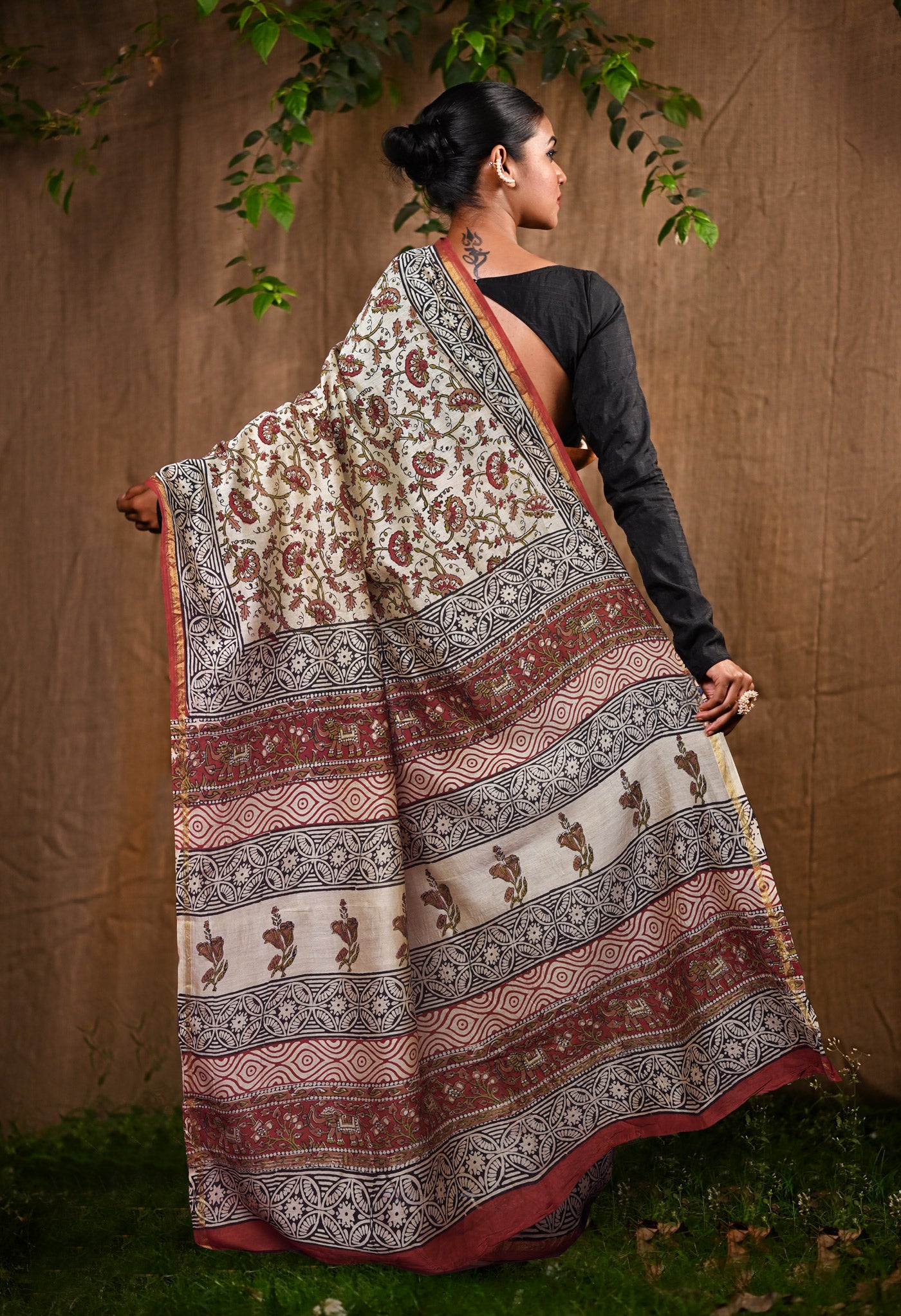 Cream Pure Bagru Kalamkari Printed Chanderi Sico Saree-UNM82661