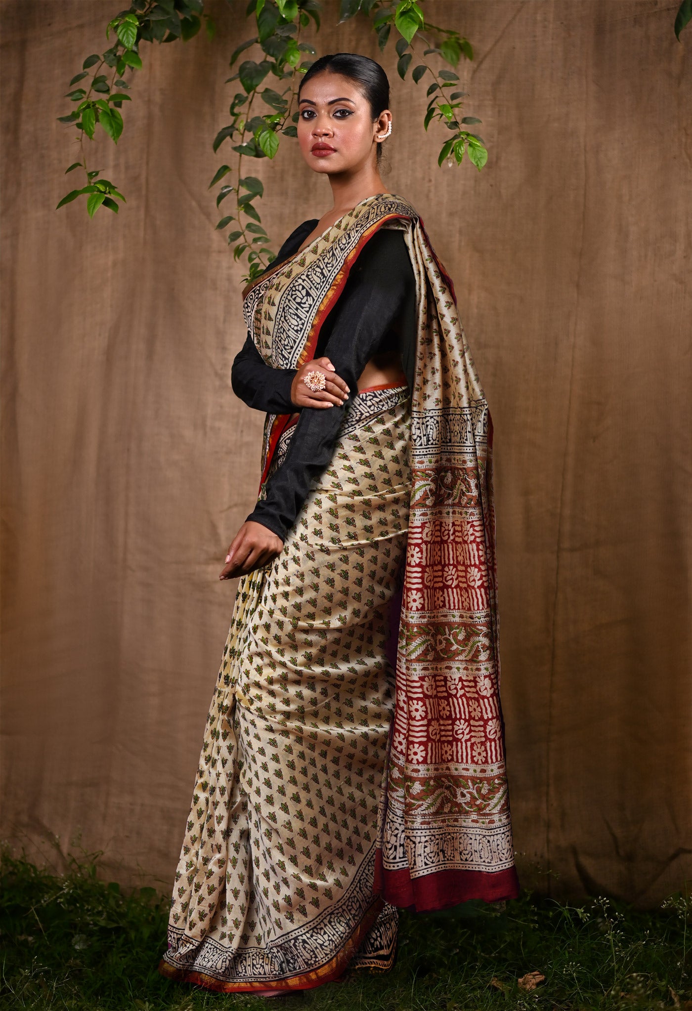 Cream Pure Bagru Kalamkari Printed Chanderi Sico Saree-UNM82662