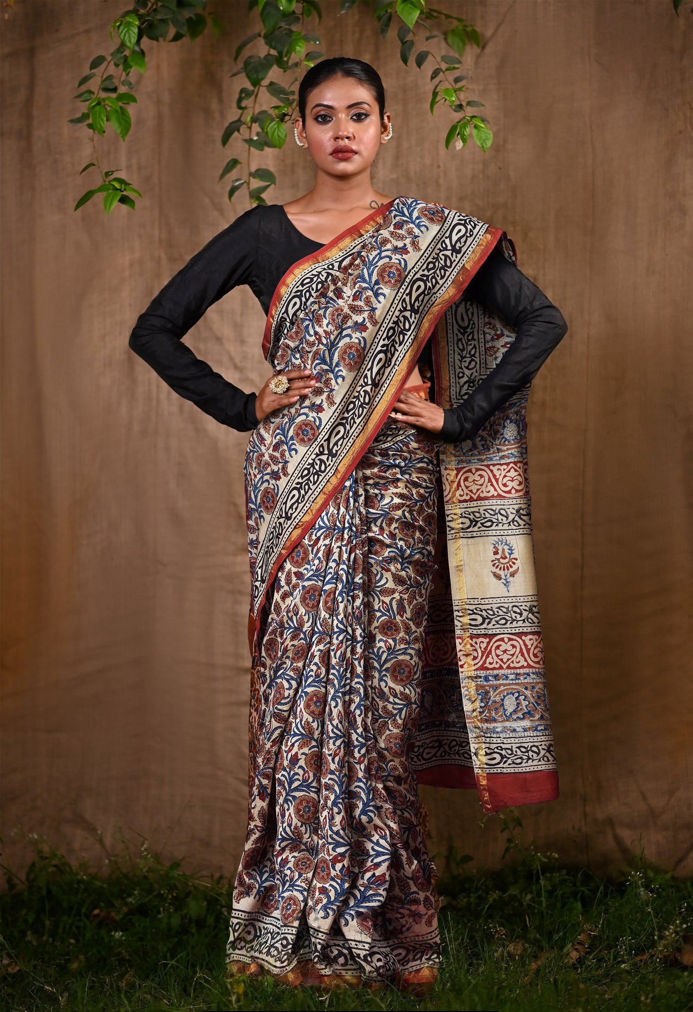Cream Pure Bagru Kalamkari Printed Chanderi Sico Saree-UNM82663