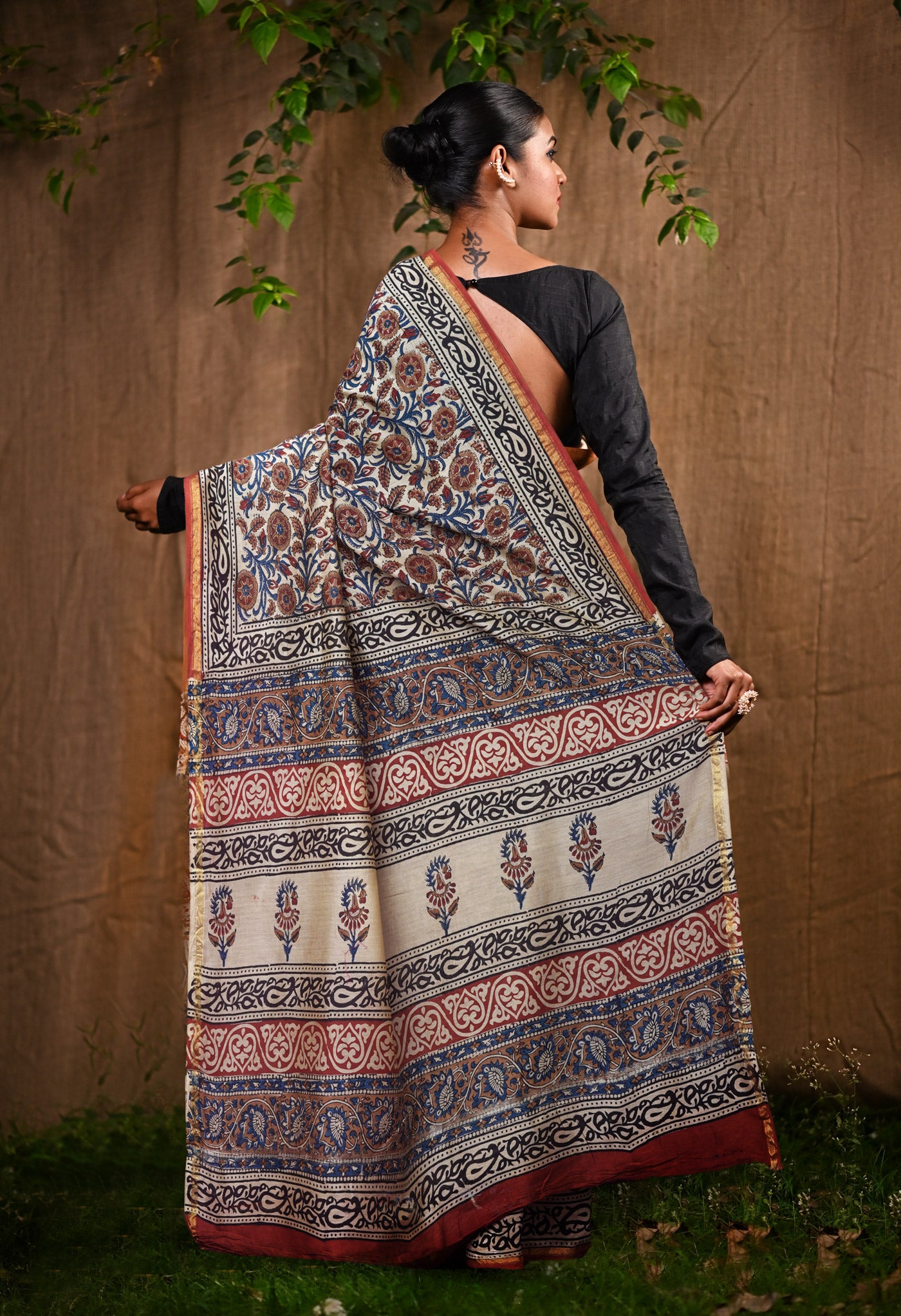 Cream Pure Bagru Kalamkari Printed Chanderi Sico Saree-UNM82663