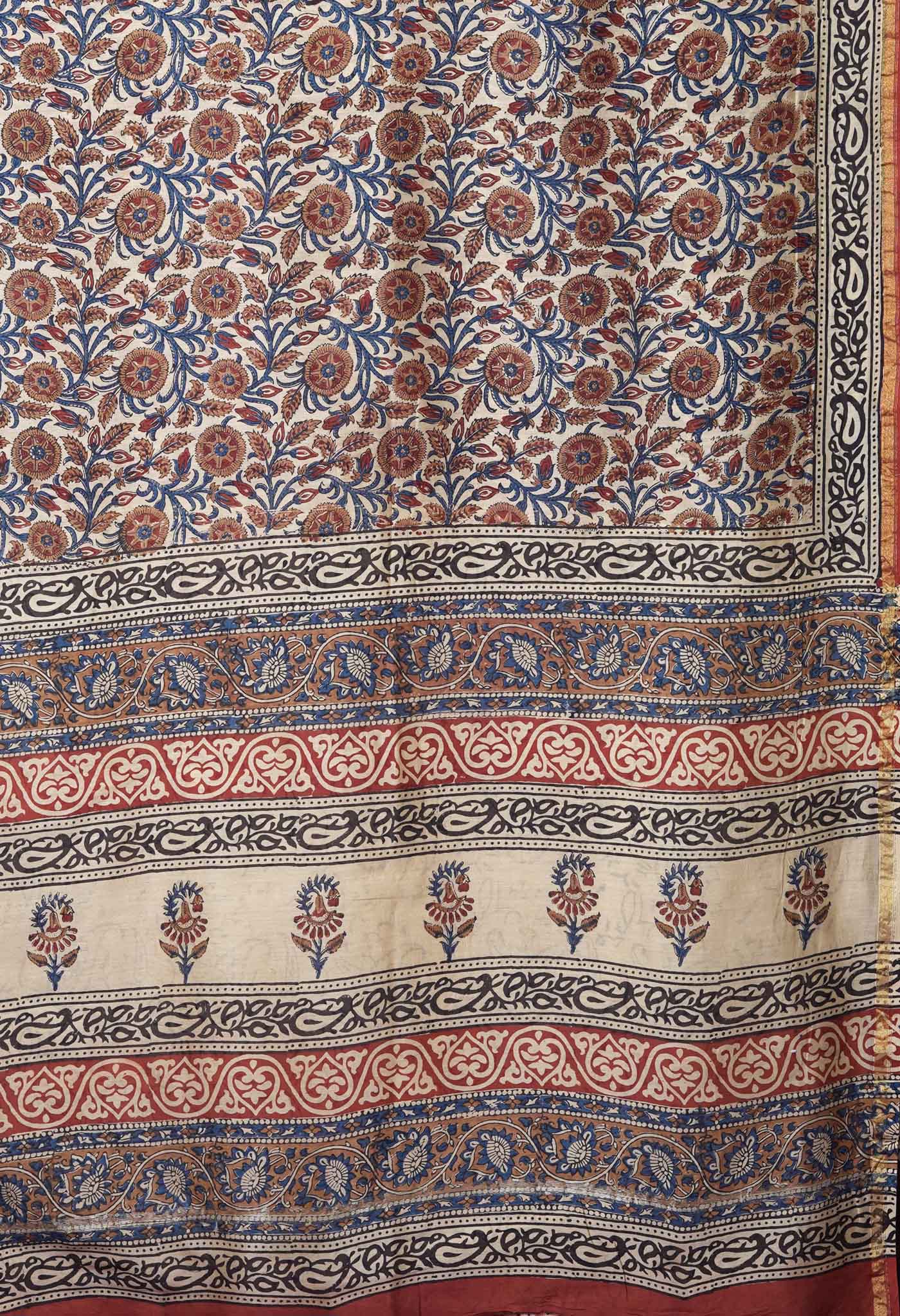 Cream Pure Bagru Kalamkari Printed Chanderi Sico Saree-UNM82663