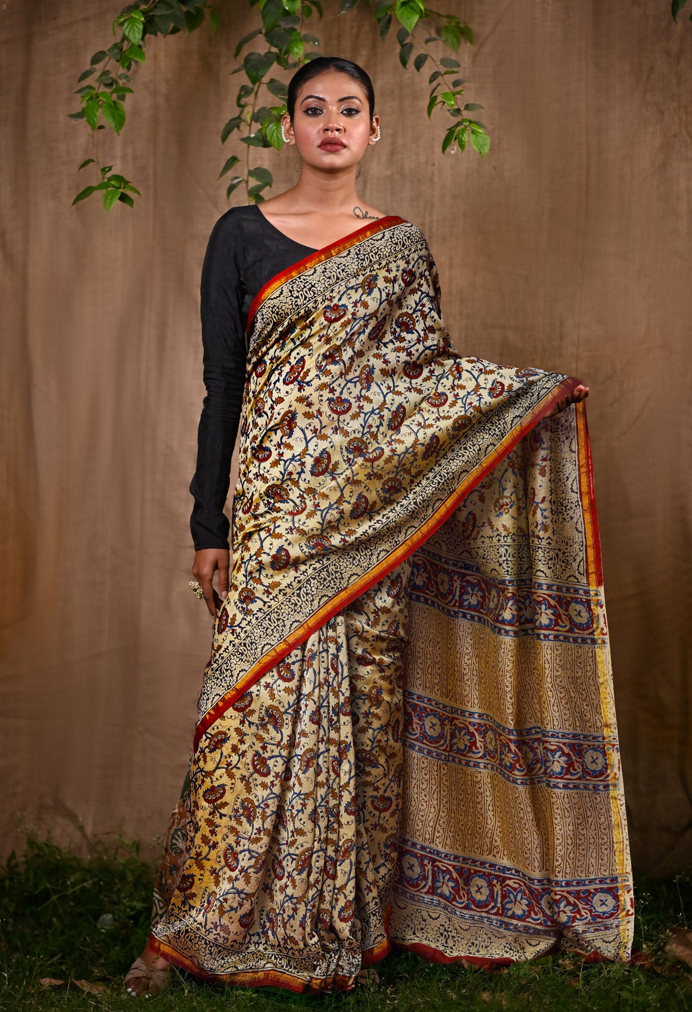 Cream Pure Bagru Kalamkari Printed Chanderi Sico Saree-UNM82664