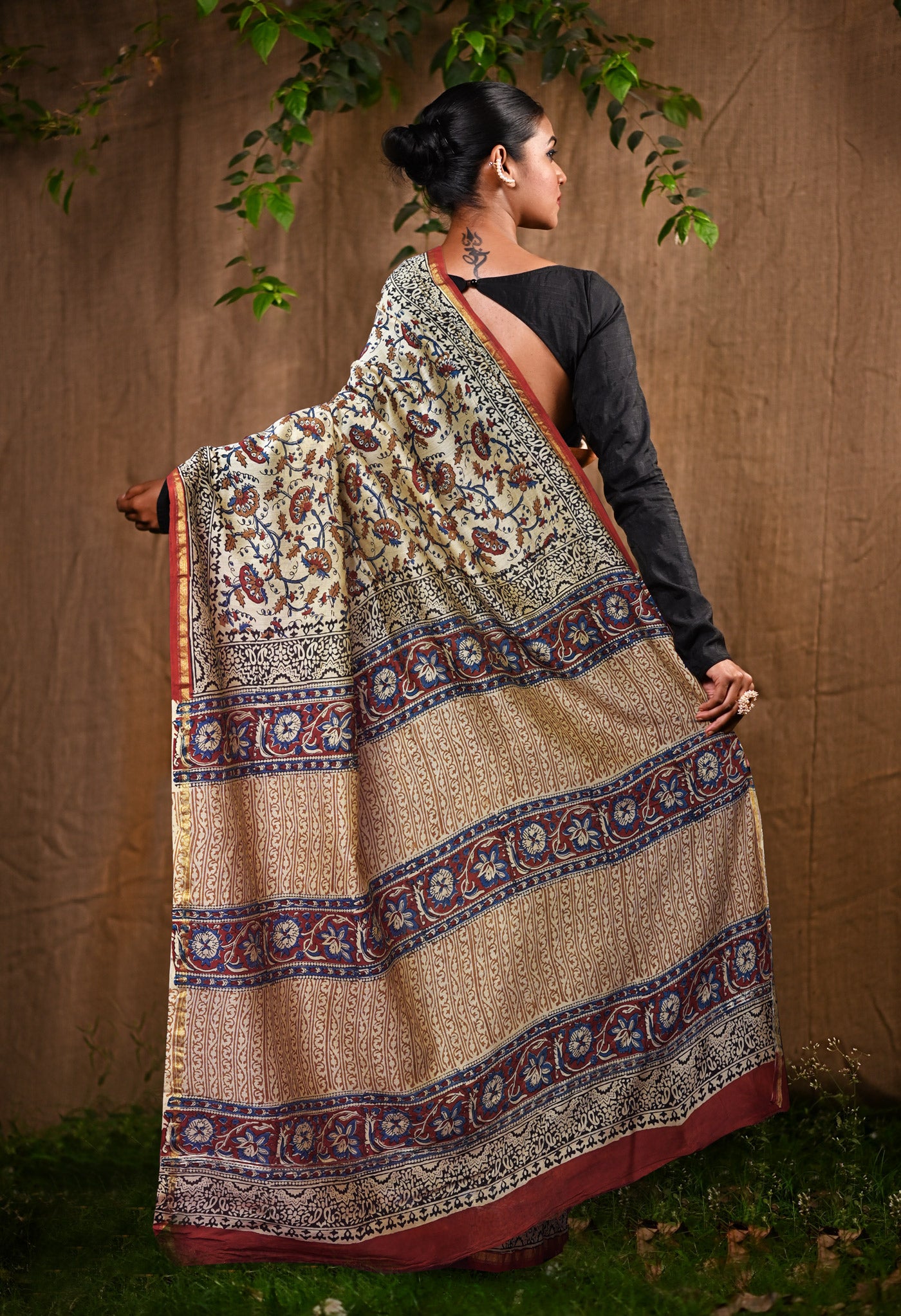 Cream Pure Bagru Kalamkari Printed Chanderi Sico Saree-UNM82664