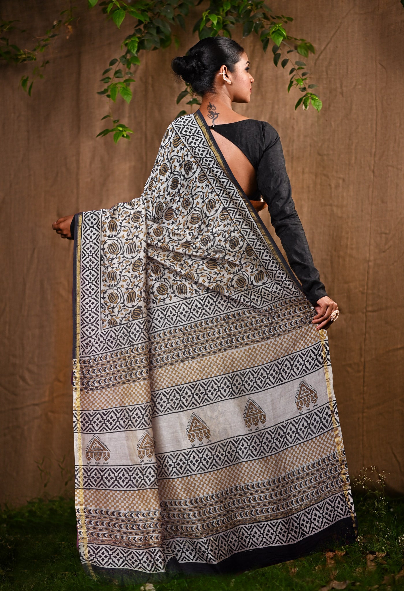 Cream Pure Bagru Kalamkari Printed Chanderi Sico Saree-UNM82665