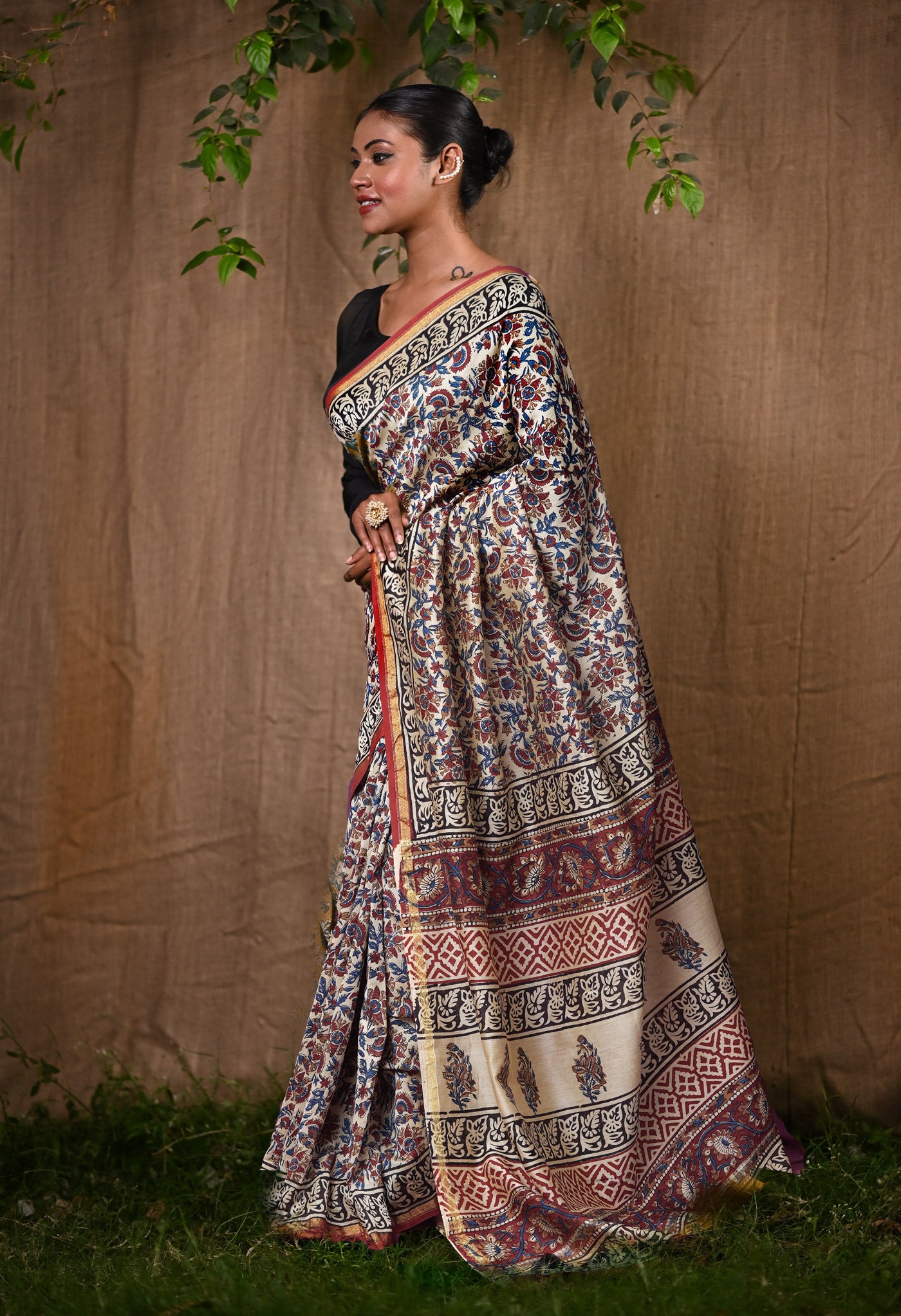 Cream Pure Bagru Kalamkari Printed Chanderi Sico Saree-UNM82666