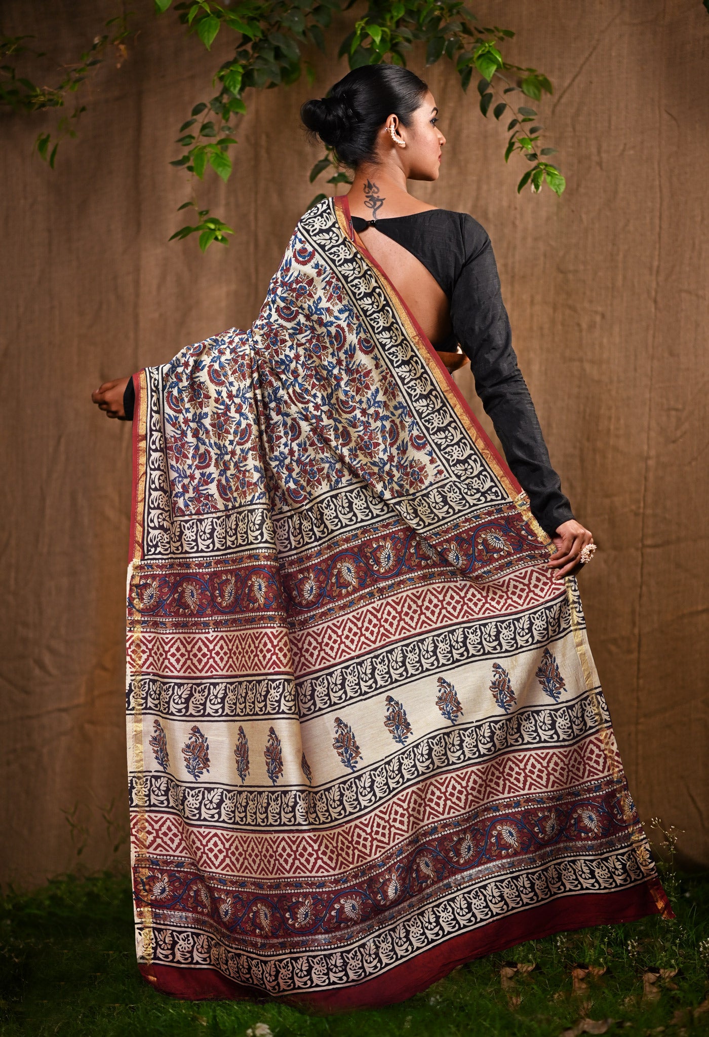 Cream Pure Bagru Kalamkari Printed Chanderi Sico Saree-UNM82666