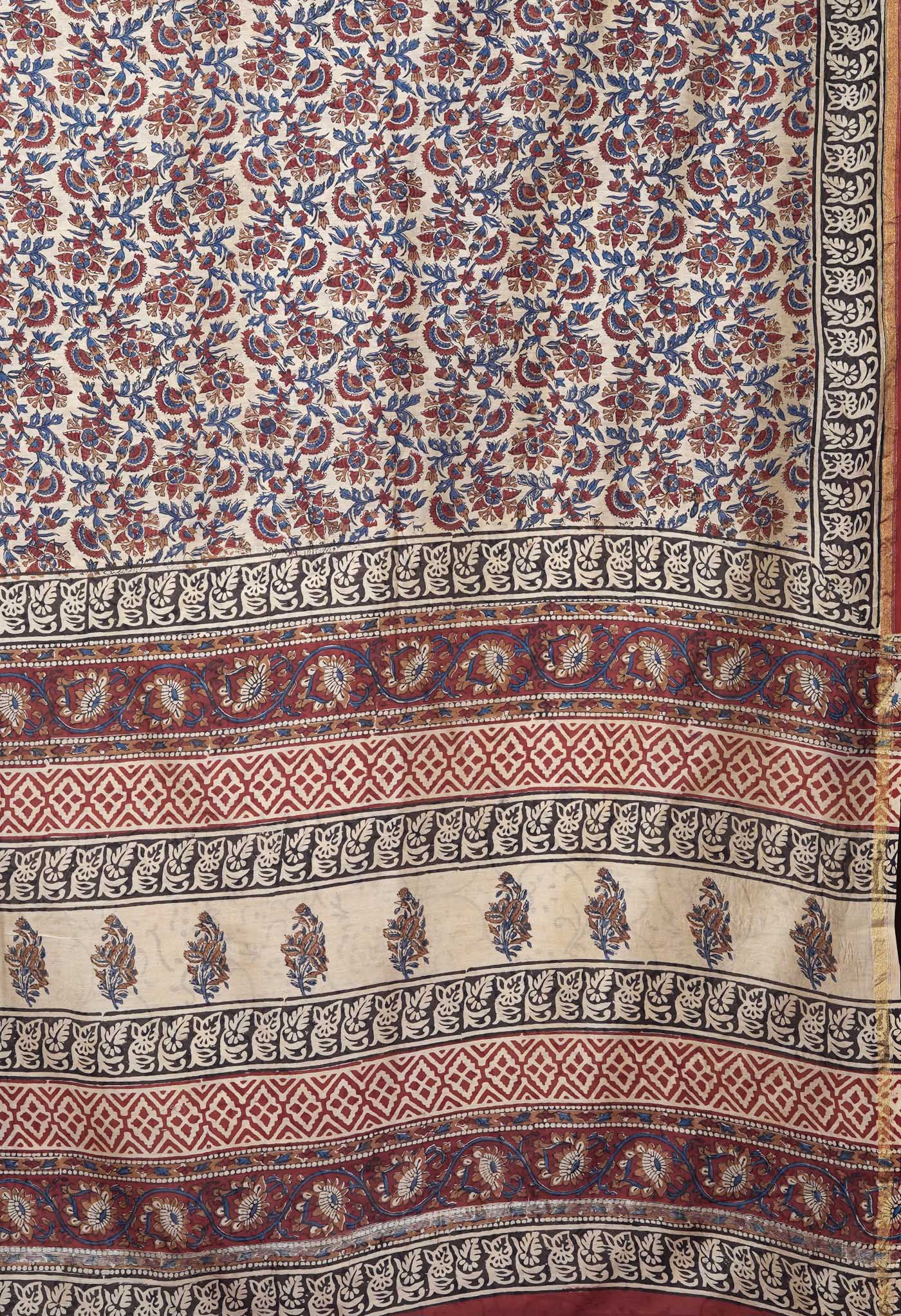 Cream Pure Bagru Kalamkari Printed Chanderi Sico Saree-UNM82666