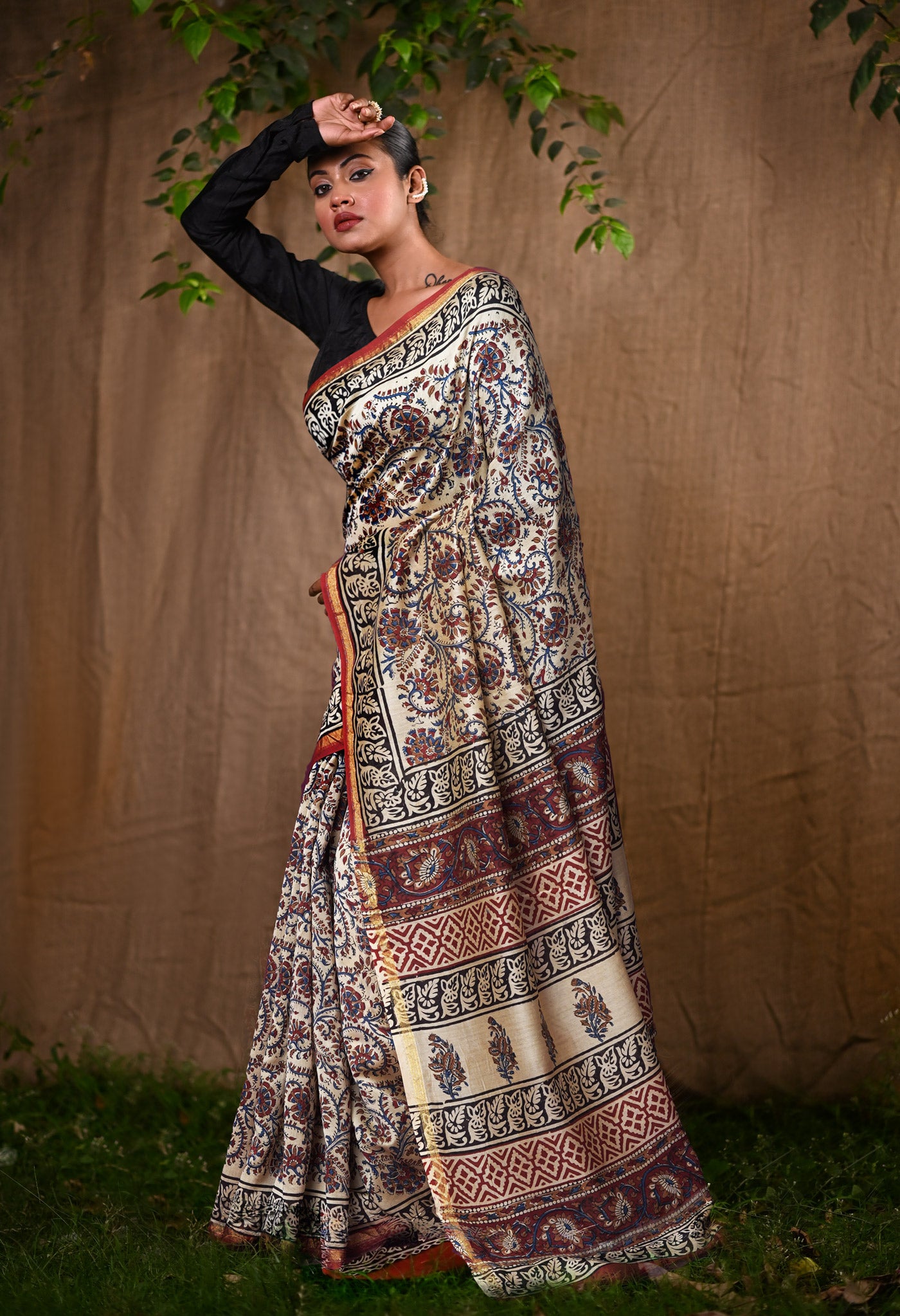 Cream Pure Bagru Kalamkari Printed Chanderi Sico Saree-UNM82667