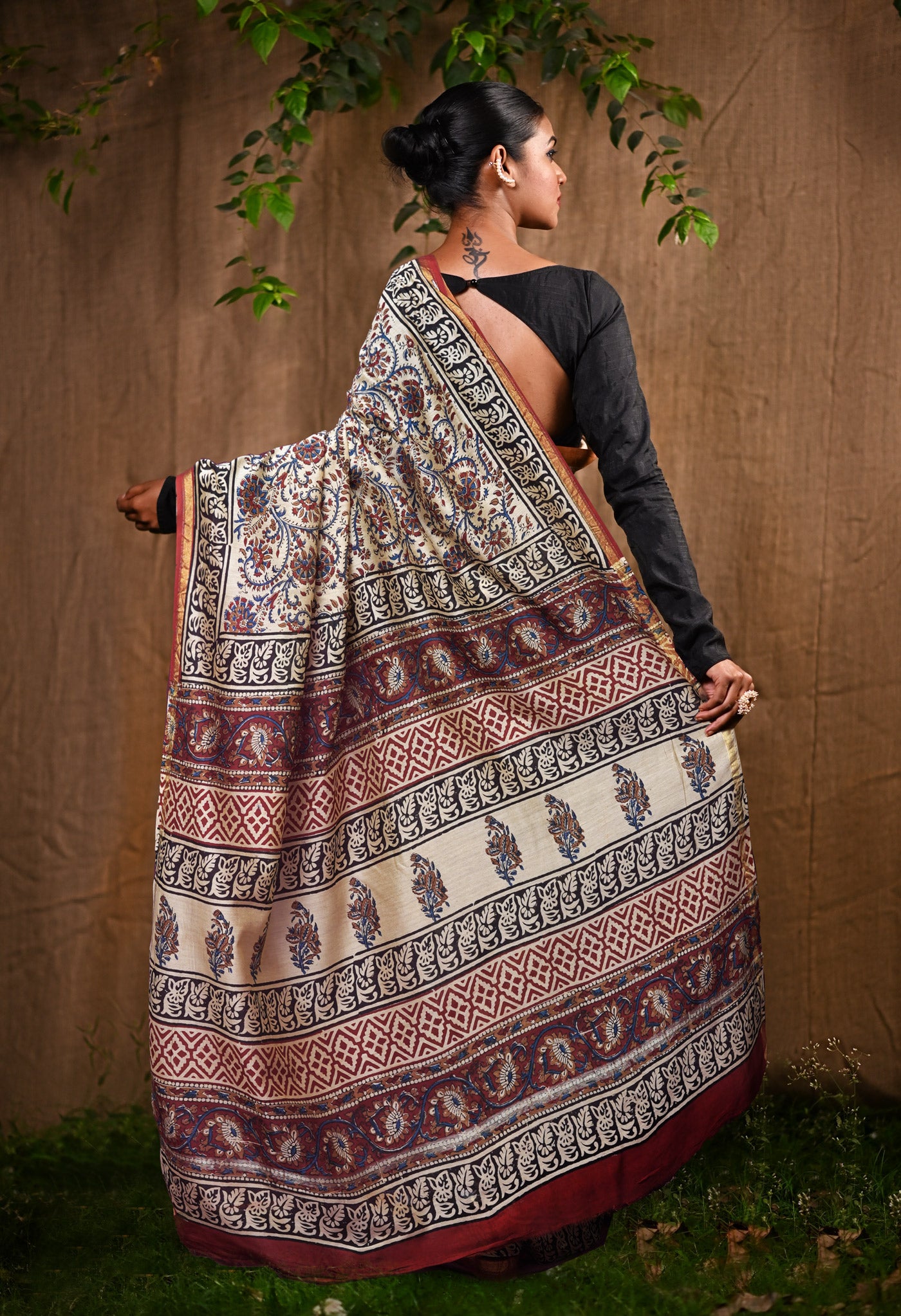 Cream Pure Bagru Kalamkari Printed Chanderi Sico Saree-UNM82667