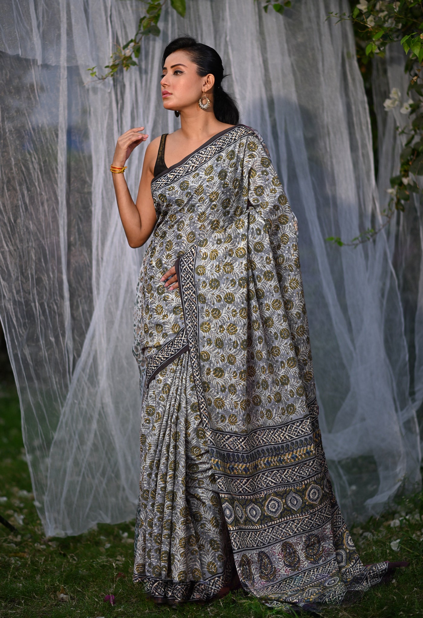 Grey Pure Bagru Block Printed Soft Cotton Saree-UNM82668