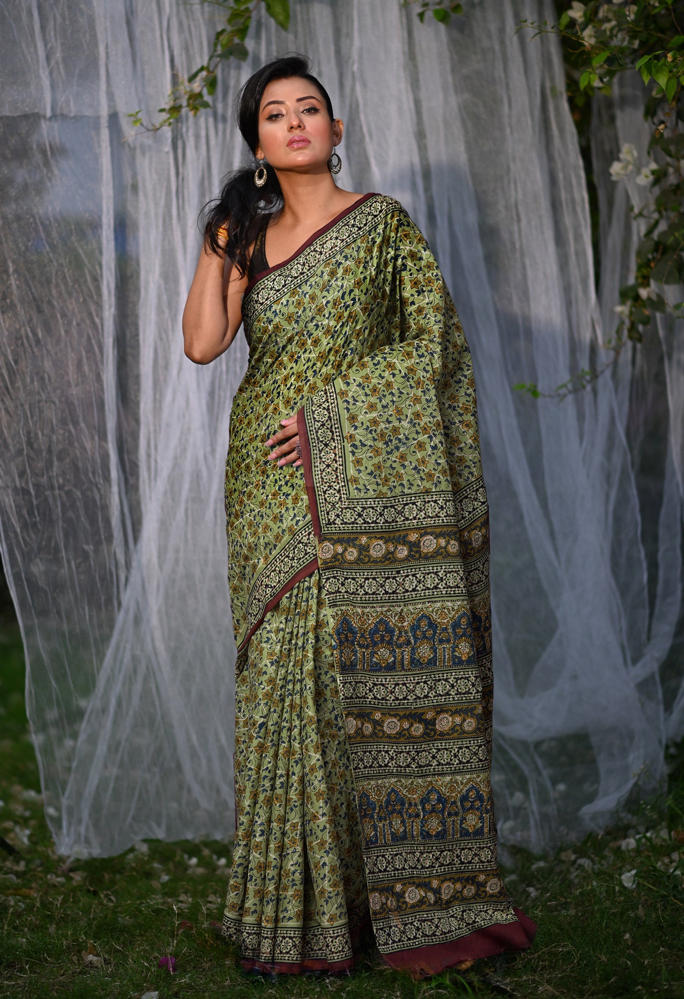 Green Pure Bagru Block Printed Soft Cotton Saree-UNM82670