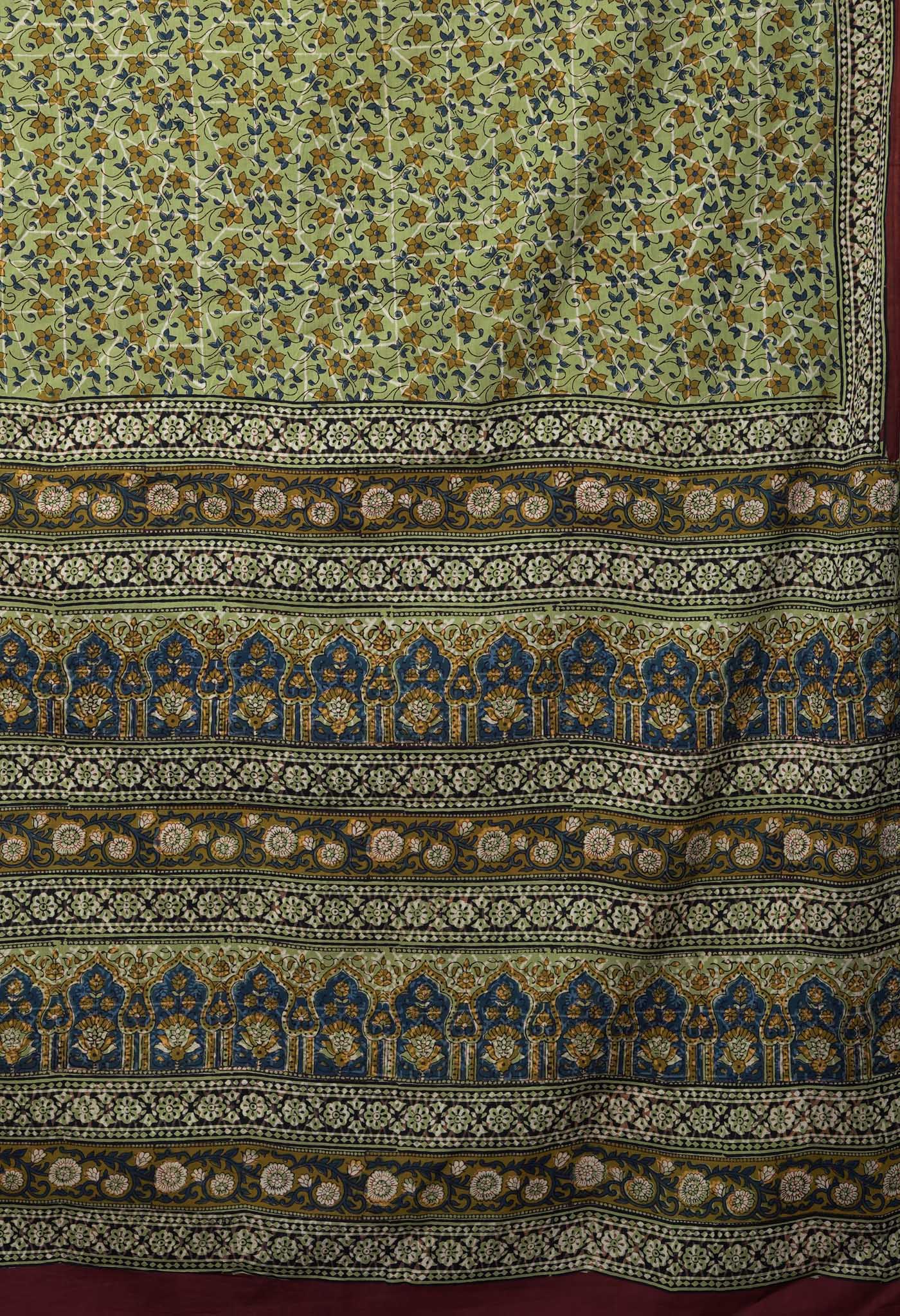 Green Pure Bagru Block Printed Soft Cotton Saree-UNM82670