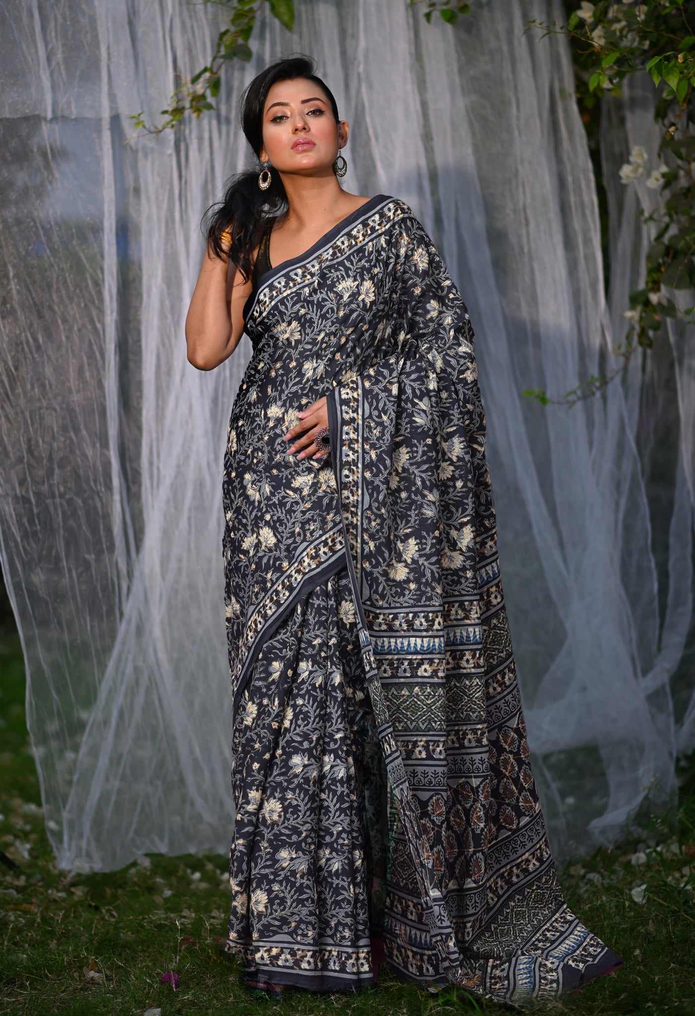 Black Pure Bagru Block Printed Soft Cotton Saree-UNM82672