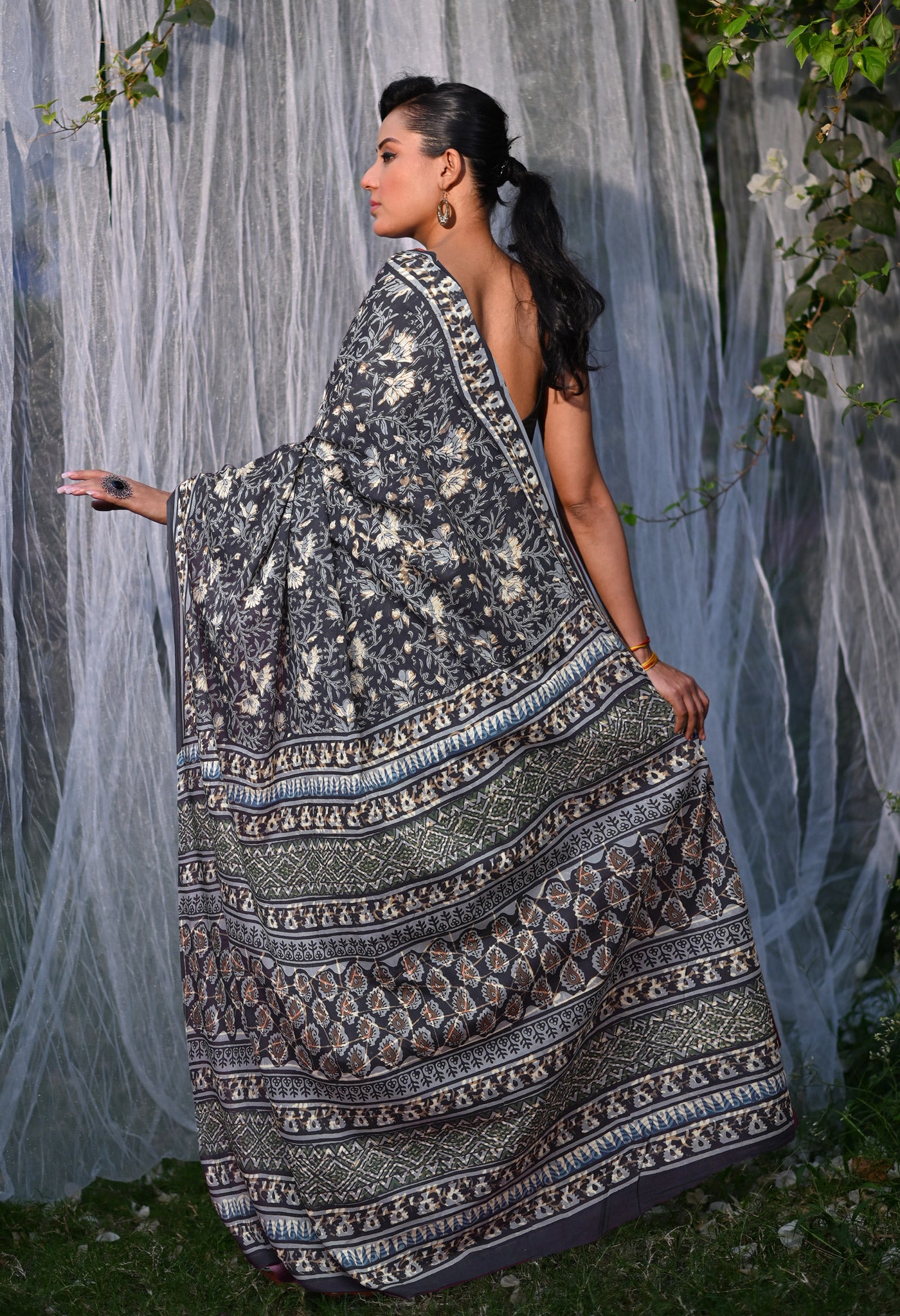 Black Pure Bagru Block Printed Soft Cotton Saree-UNM82672