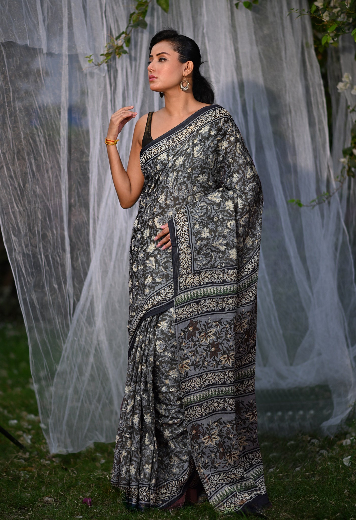 Dark Green Pure Bagru Block Printed Soft Cotton Saree-UNM82673