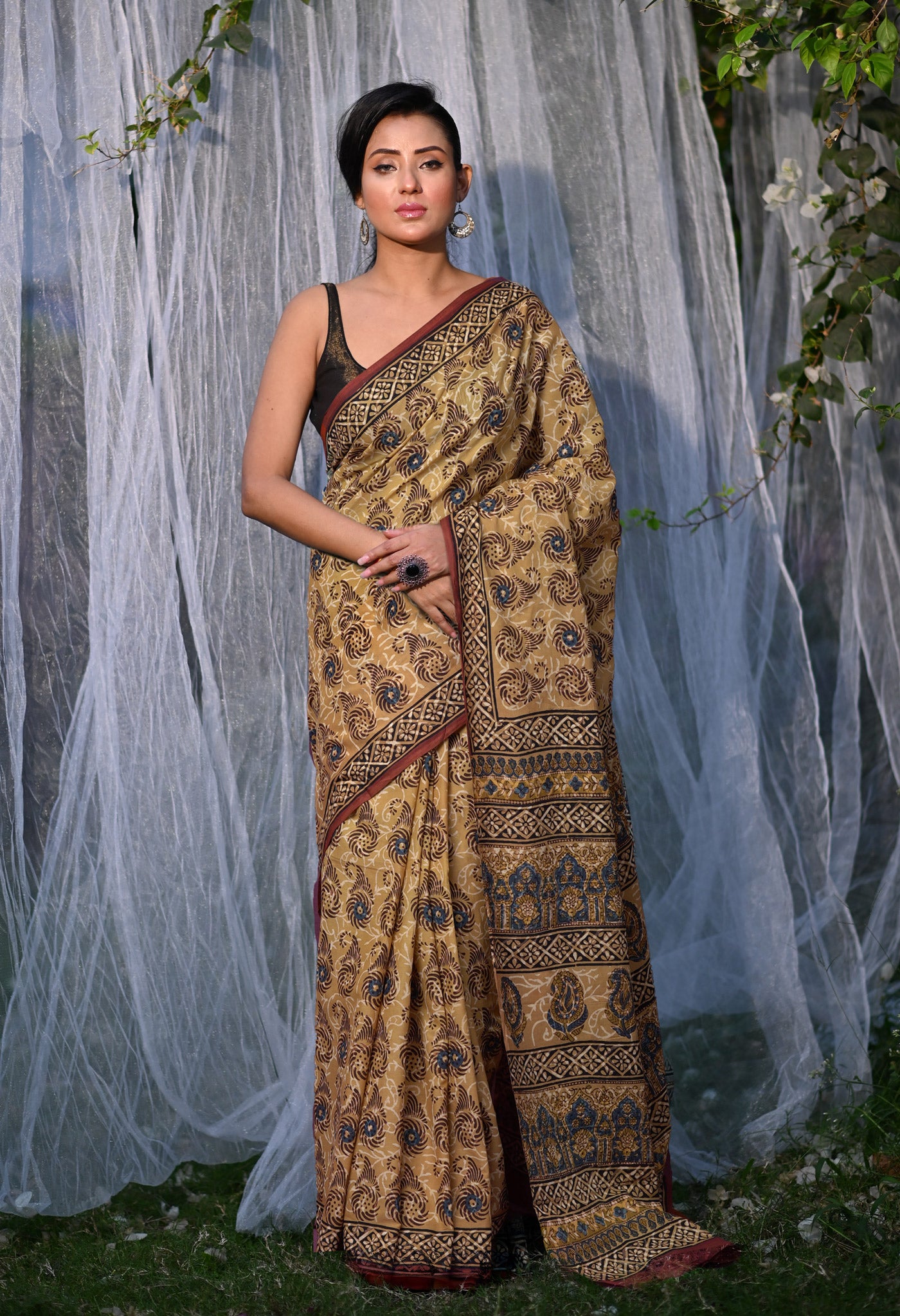 Brown Pure Bagru Block Printed Soft Cotton Saree-UNM82674