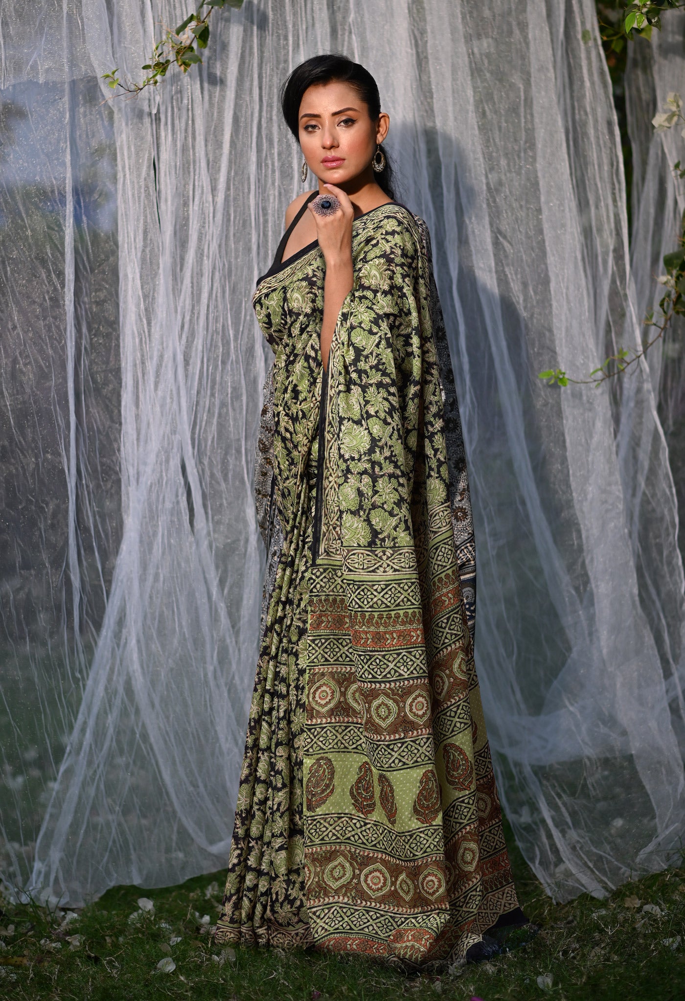 Black Pure Bagru Block Printed Soft Cotton Saree-UNM82676