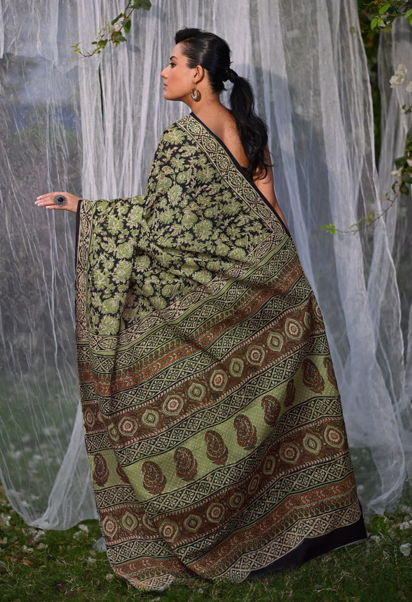 Black Pure Bagru Block Printed Soft Cotton Saree-UNM82676