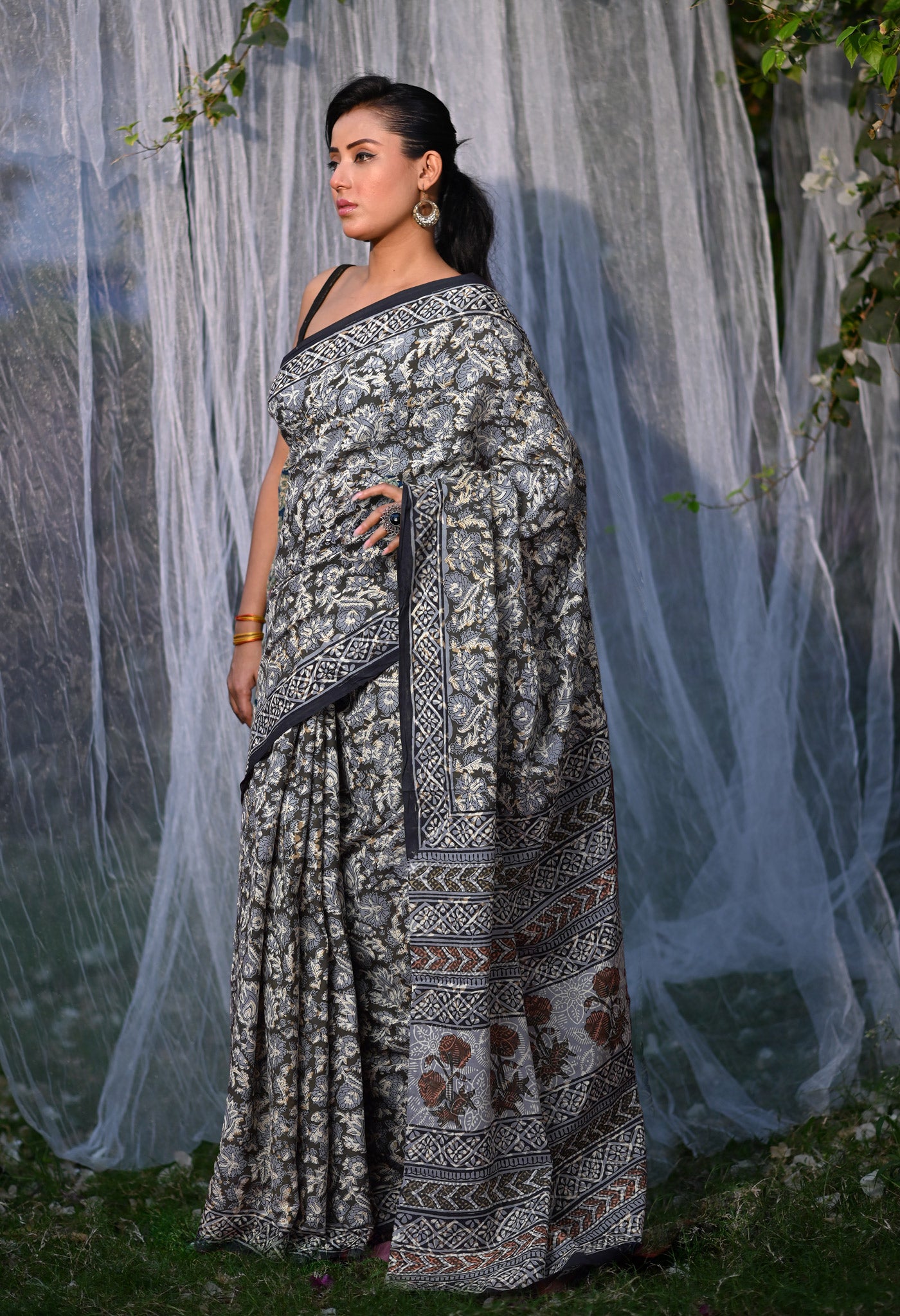 Olive Green Pure Bagru Block Printed Soft Cotton Saree-UNM82678