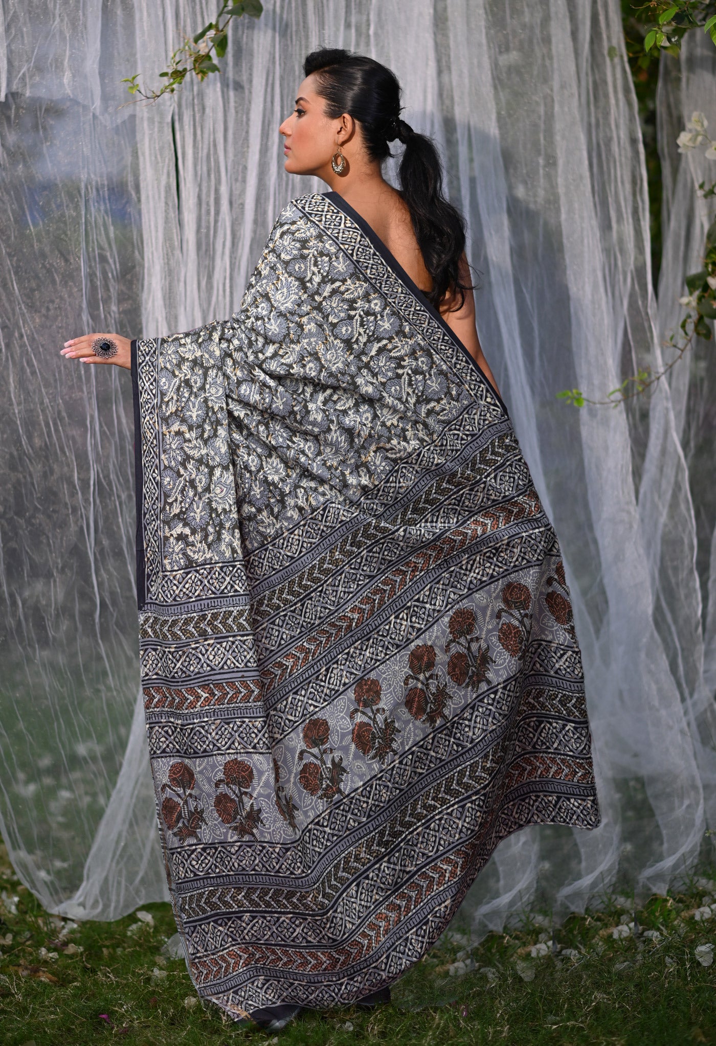Olive Green Pure Bagru Block Printed Soft Cotton Saree-UNM82678