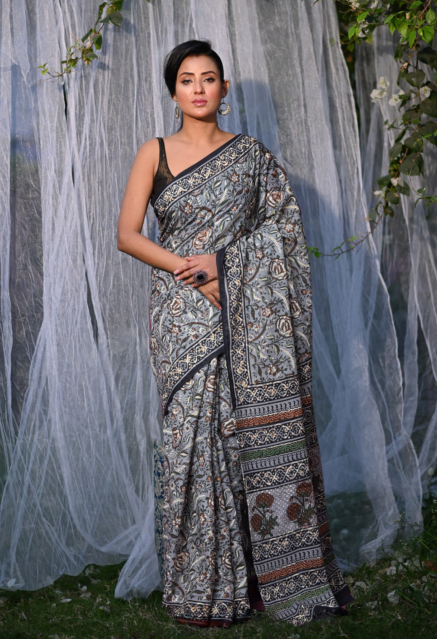 Grey Pure Bagru Block Printed Soft Cotton Saree-UNM82680