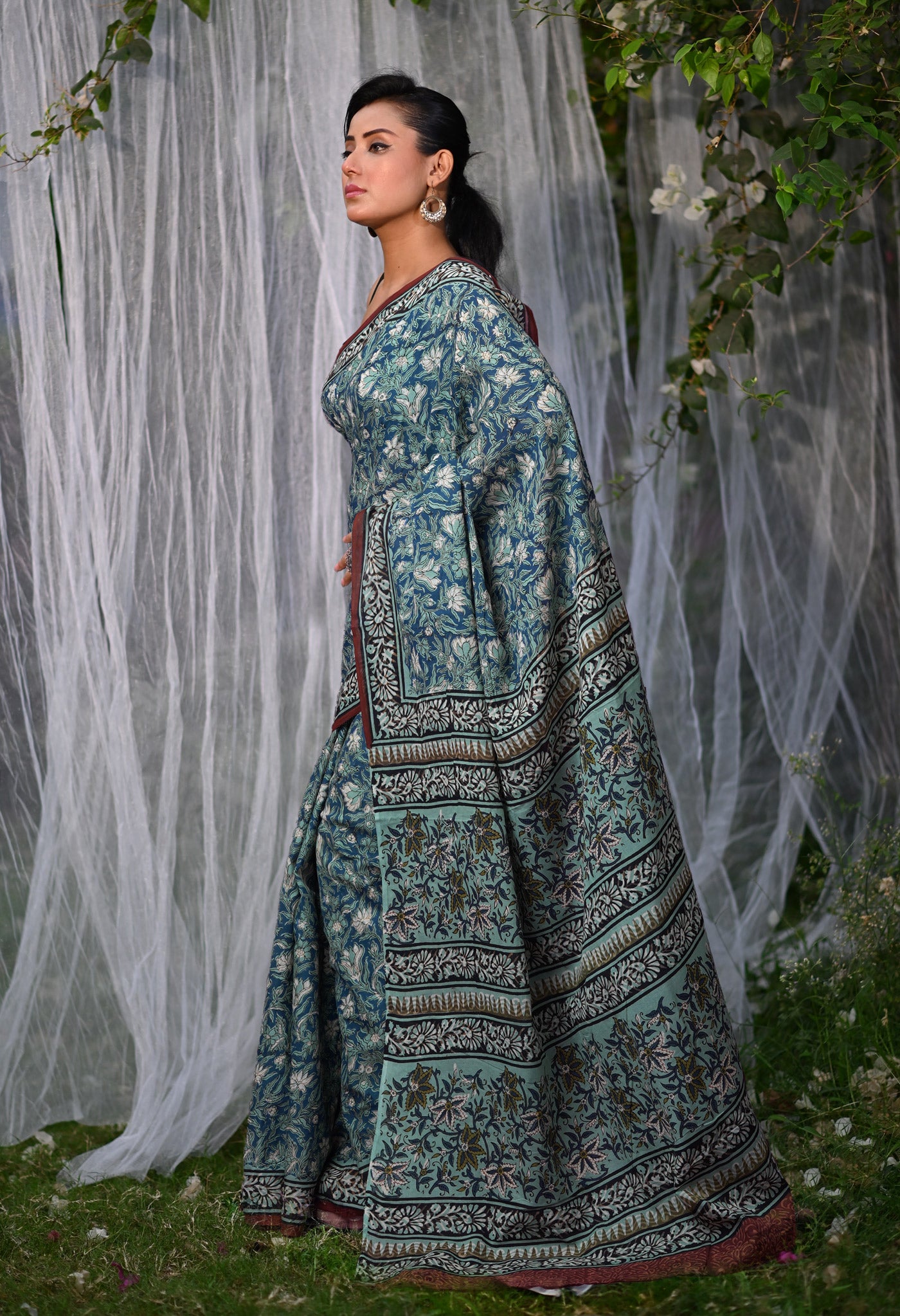 Peacock Blue Pure Bagru Block Printed Soft Cotton Saree-UNM82681