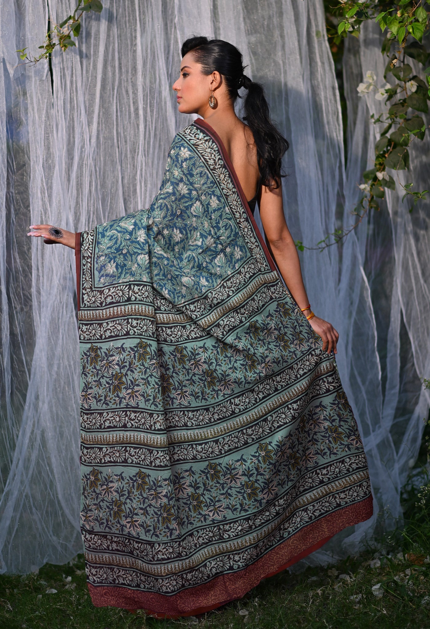 Peacock Blue Pure Bagru Block Printed Soft Cotton Saree-UNM82681
