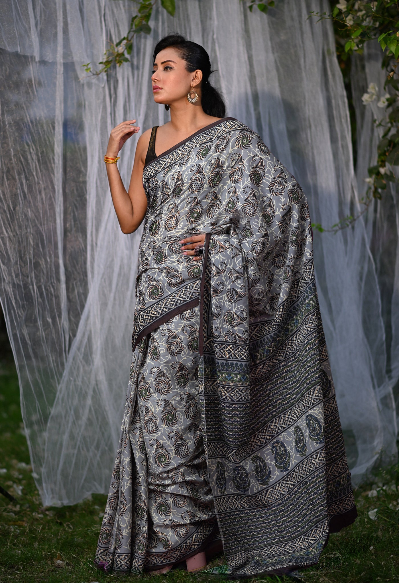 Grey Pure Bagru Block Printed Soft Cotton Saree-UNM82682