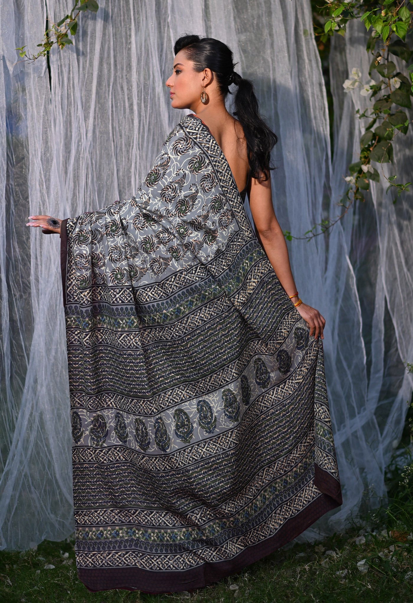 Grey Pure Bagru Block Printed Soft Cotton Saree-UNM82682