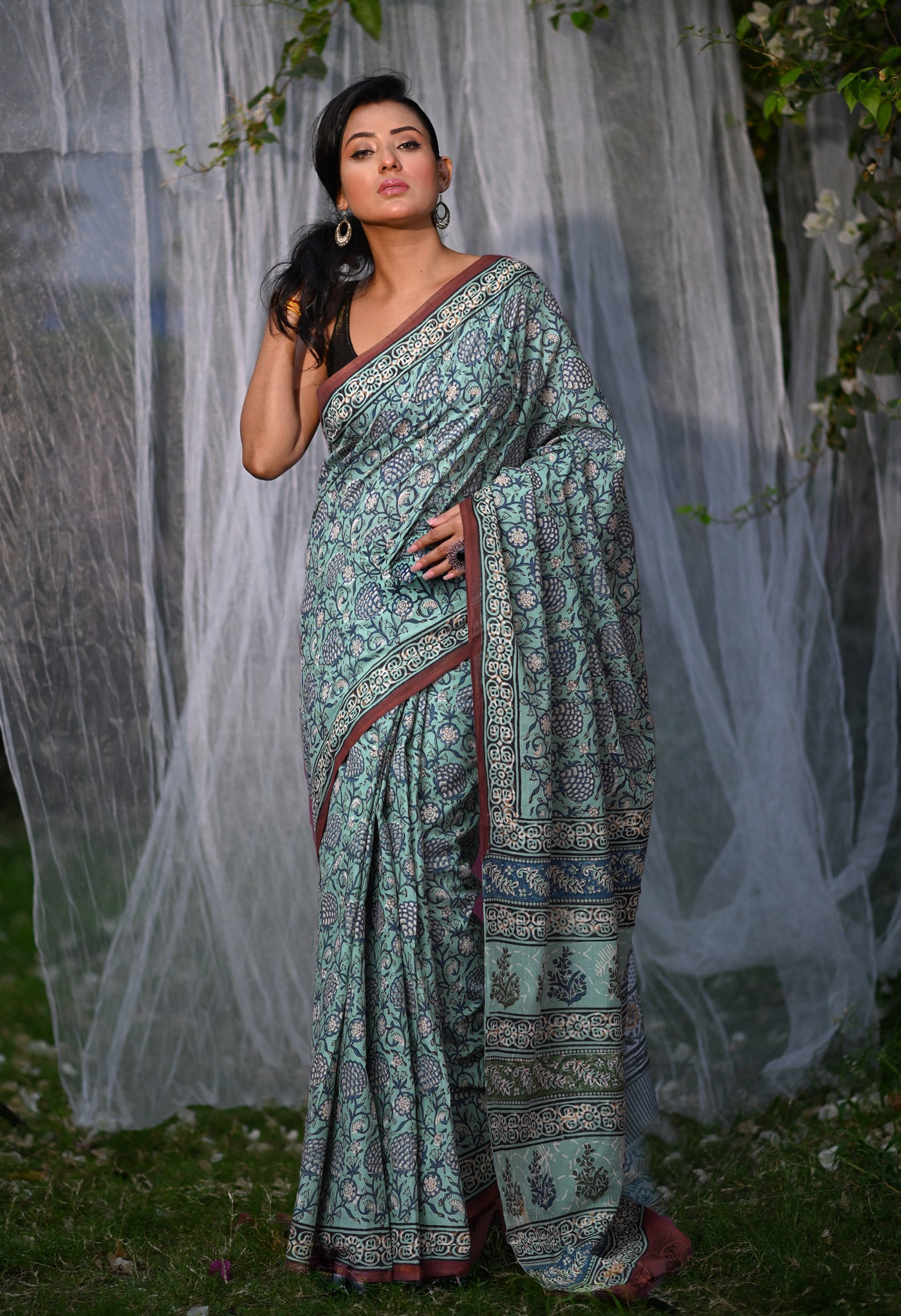 Blue Pure Bagru Block Printed Soft Cotton Saree-UNM82683