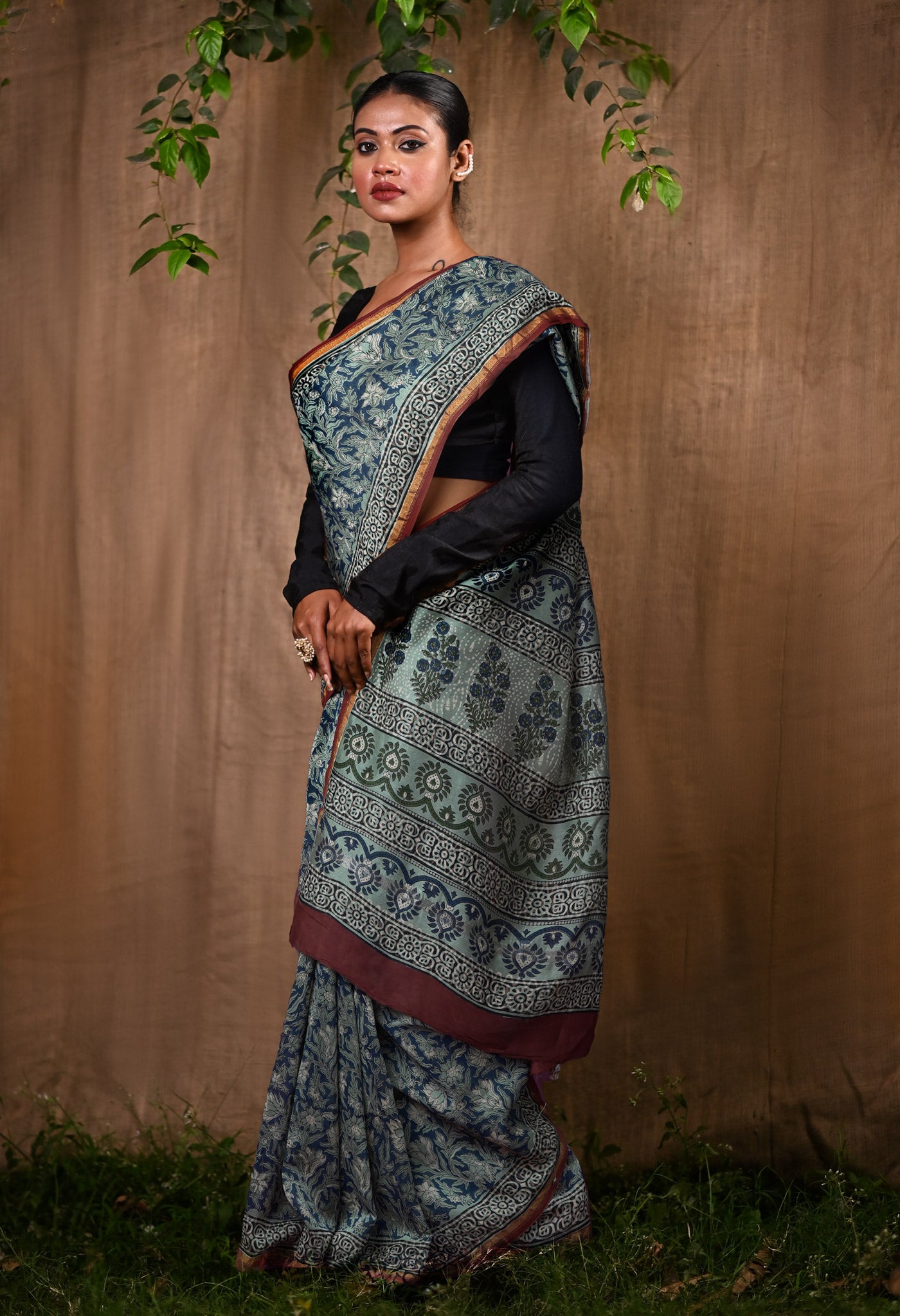 Peacock Blue Pure Bagru Block Printed Soft Cotton Saree-UNM82684