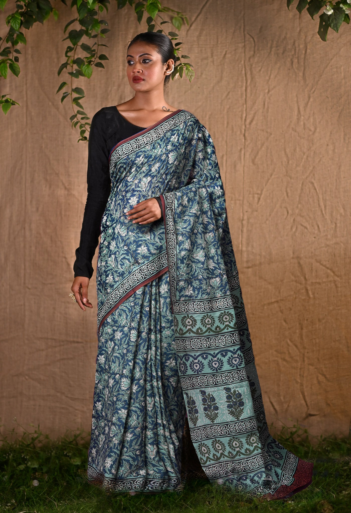 Peacock Blue Pure Bagru Block Printed Soft Cotton Saree-UNM82684