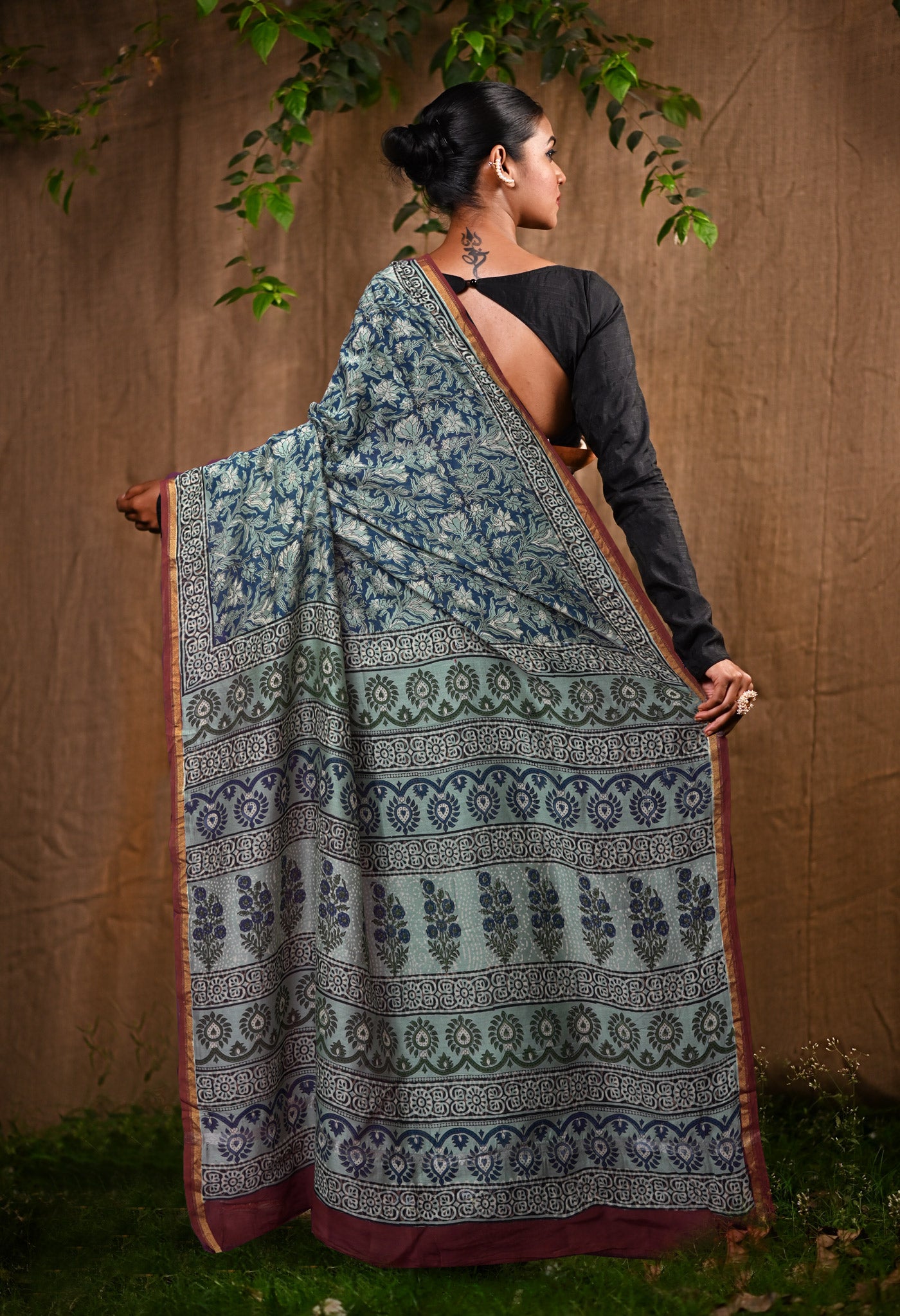 Peacock Blue Pure Bagru Block Printed Soft Cotton Saree-UNM82684