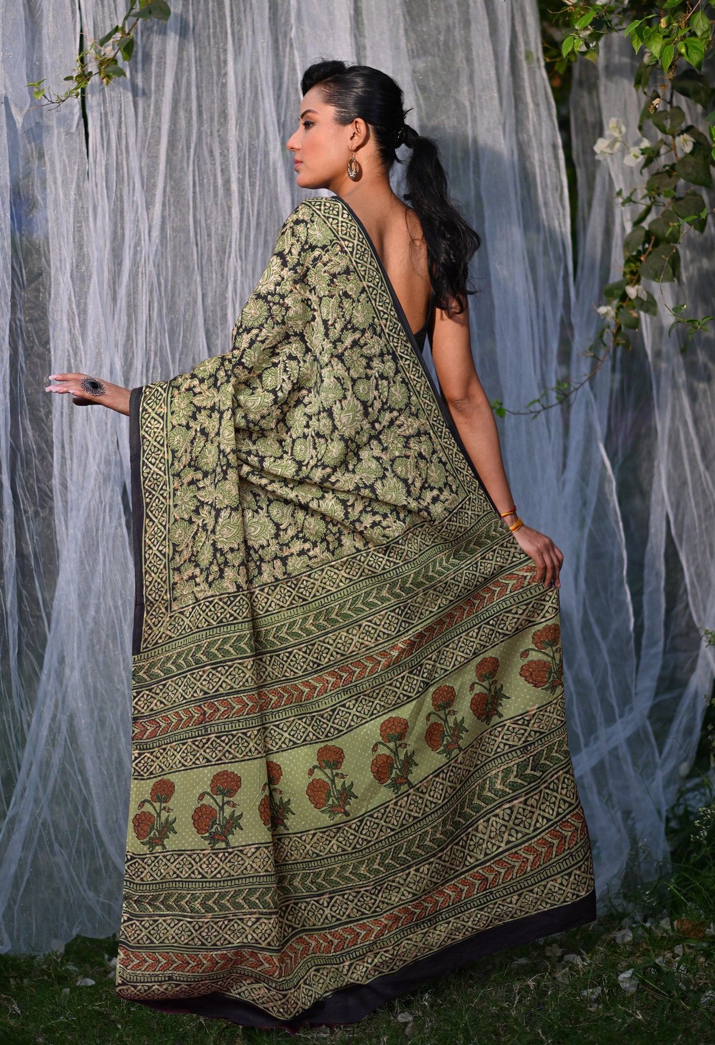 Black Pure Bagru Block Printed Soft Cotton Saree-UNM82685