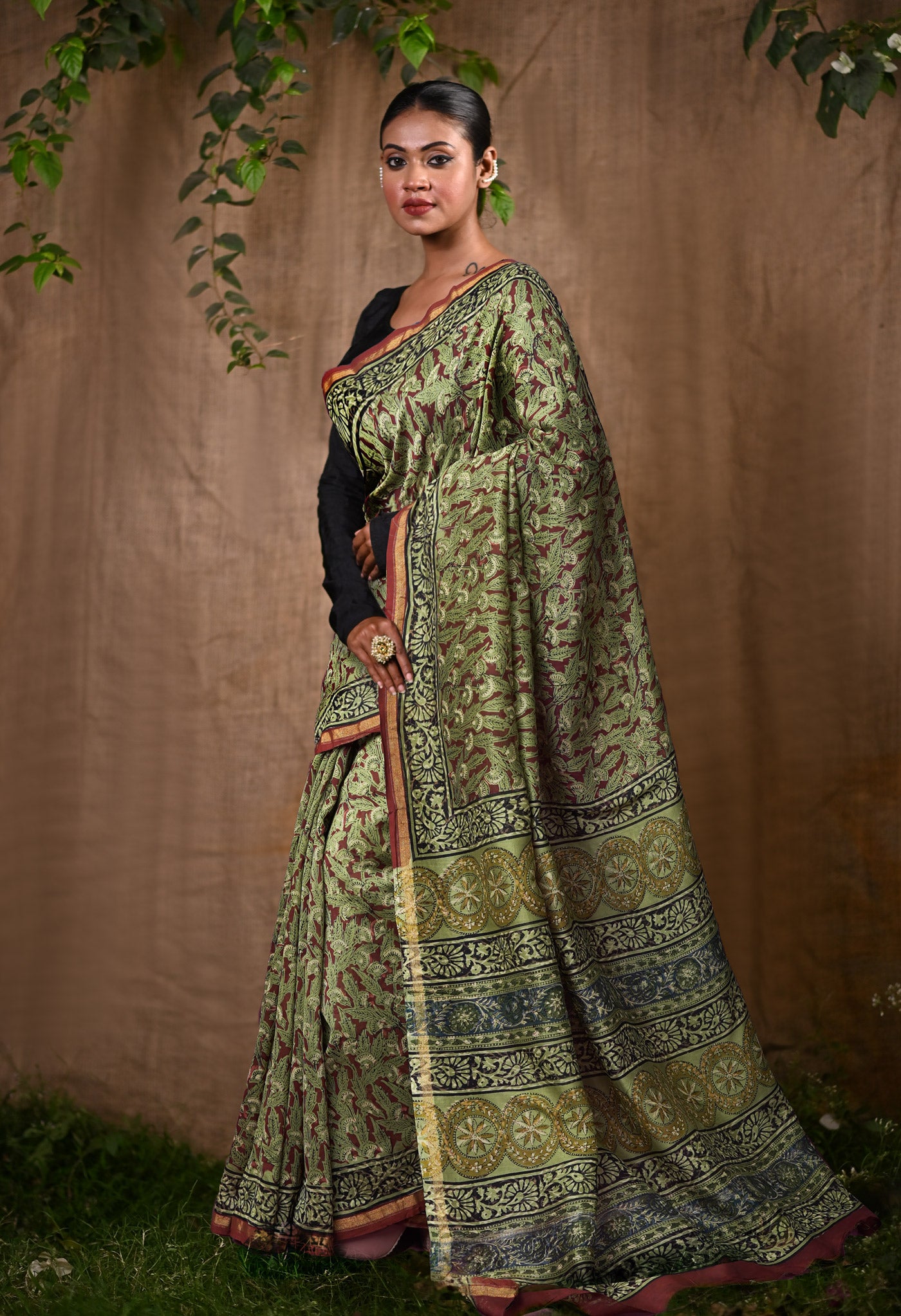 Green Pure Bagru Block Printed Chanderi Sico Saree-UNM82688