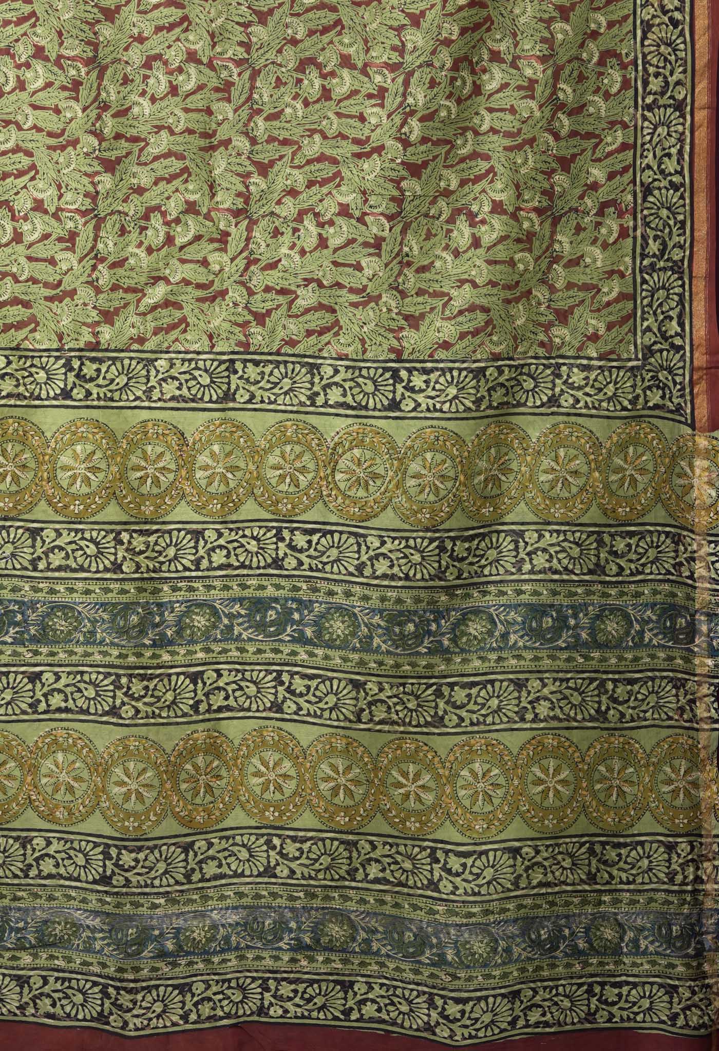 Green Pure Bagru Block Printed Chanderi Sico Saree-UNM82688