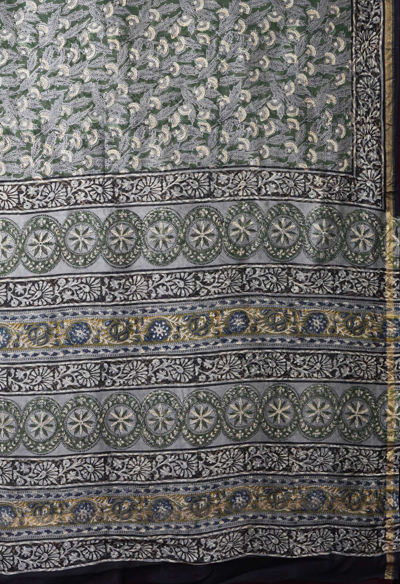 Green Pure Bagru Block Printed Chanderi Sico Saree-UNM82689