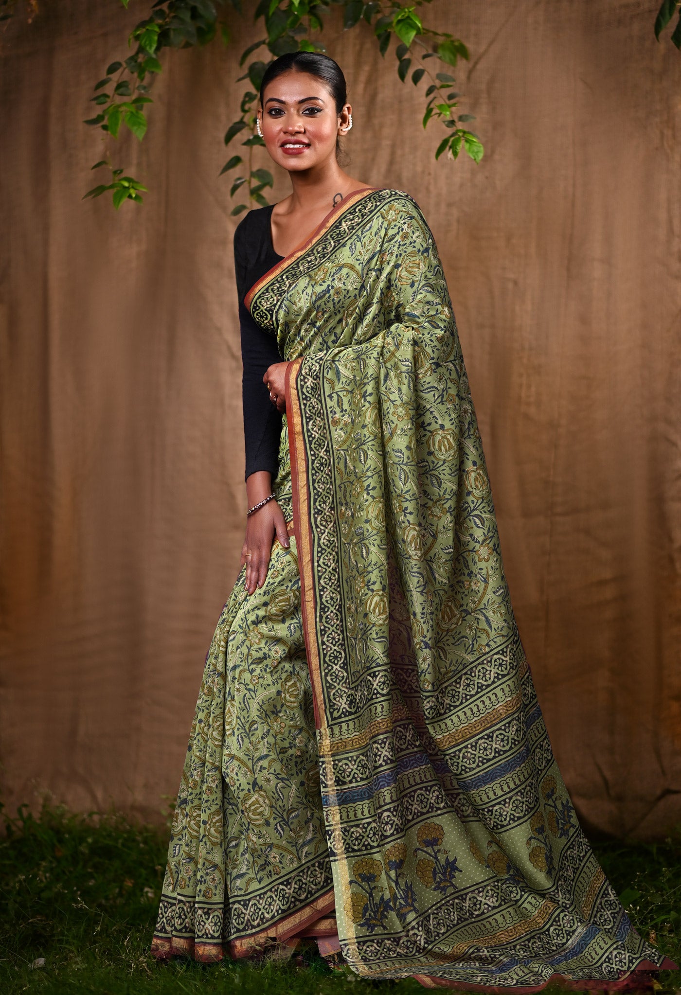 Green Pure Bagru Block Printed Chanderi Sico Saree-UNM82690