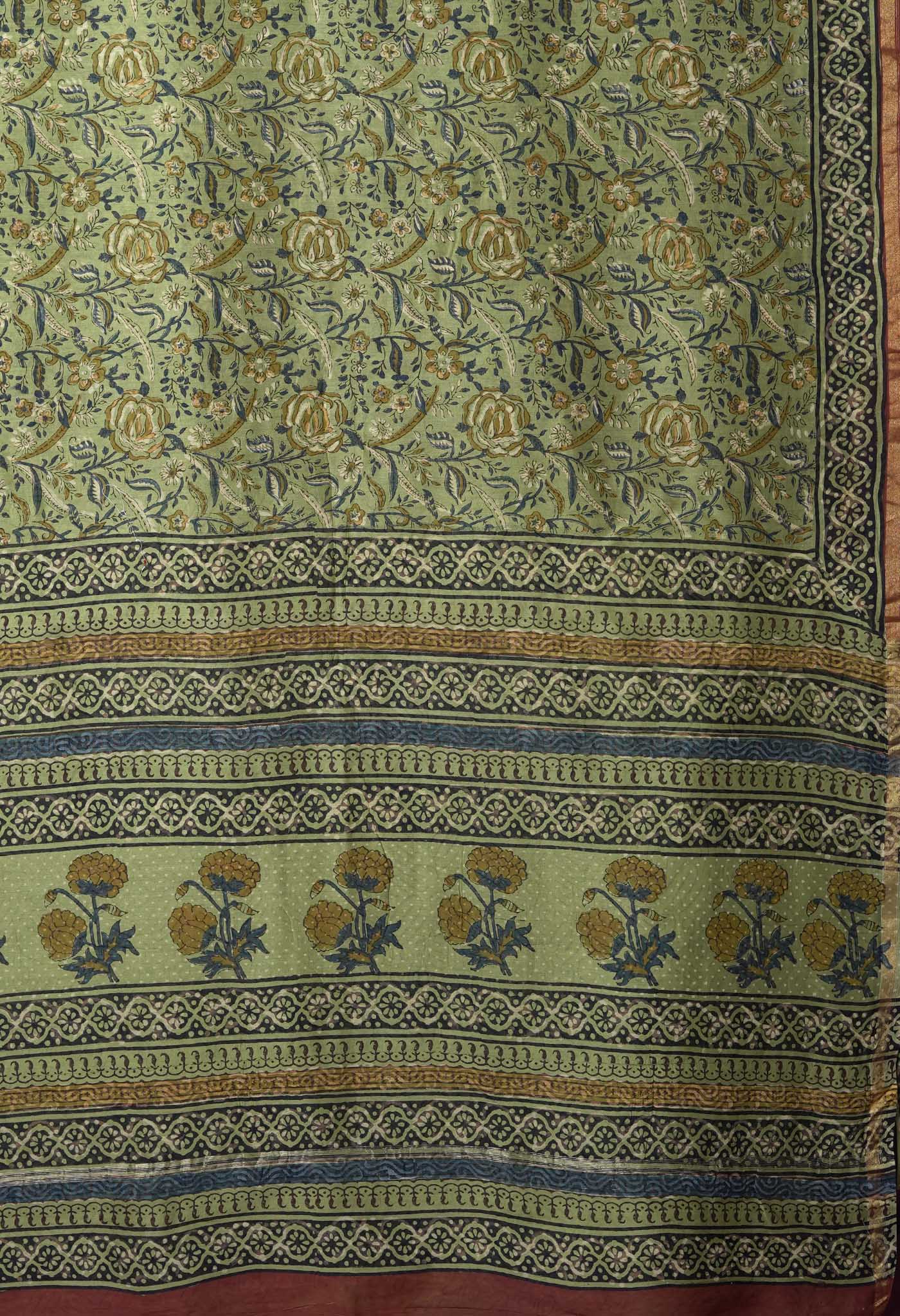 Green Pure Bagru Block Printed Chanderi Sico Saree-UNM82690