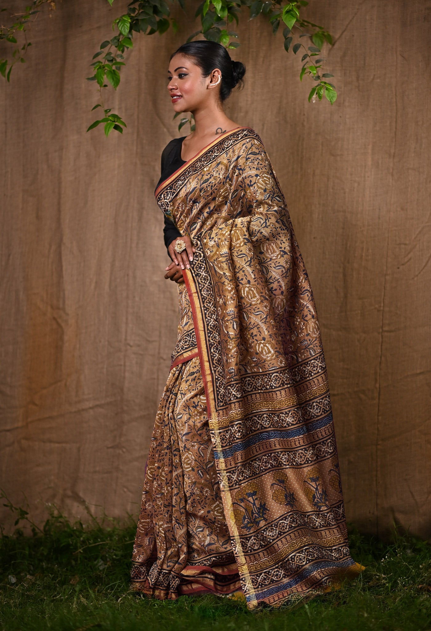 Brown Pure Bagru Block Printed Chanderi Sico Saree-UNM82691