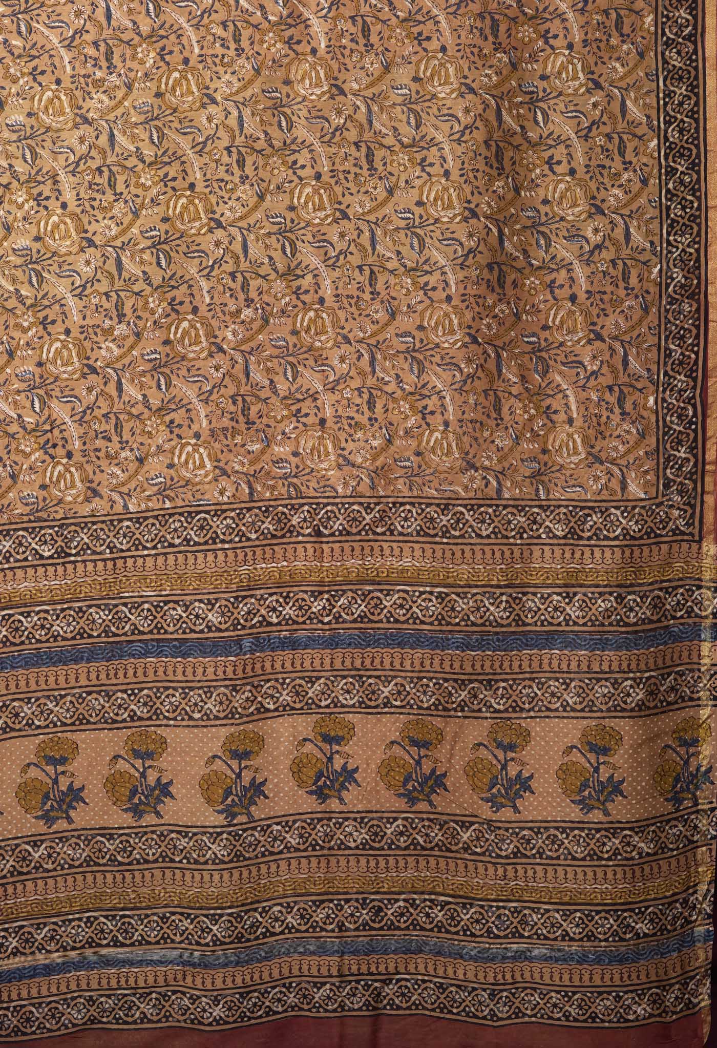 Brown Pure Bagru Block Printed Chanderi Sico Saree-UNM82691