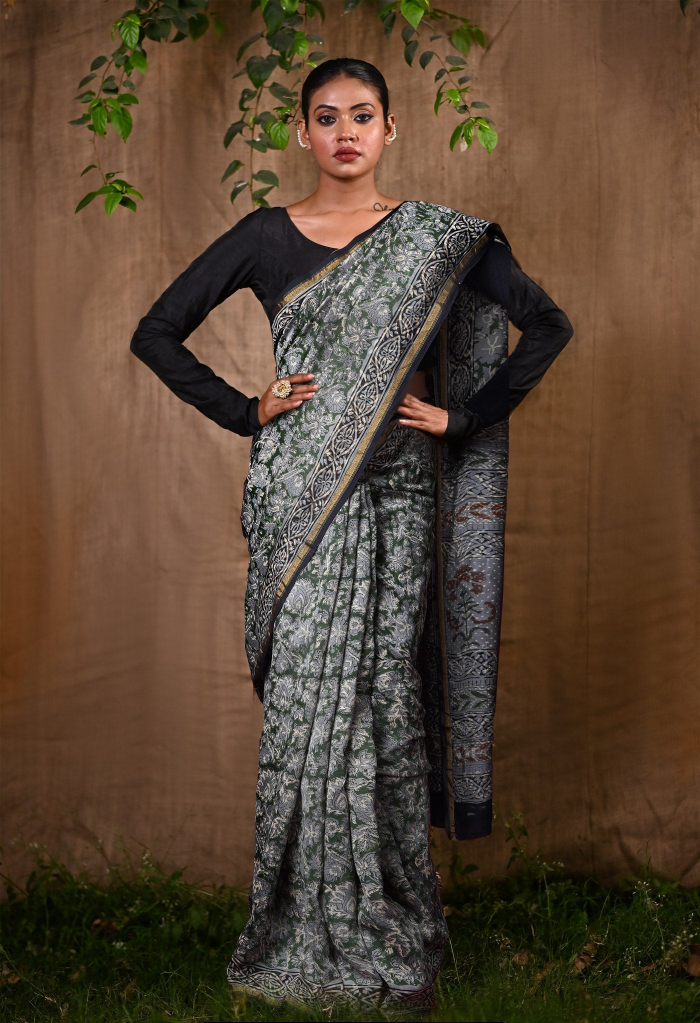 Green Pure Bagru Block Printed Chanderi Sico Saree-UNM82692