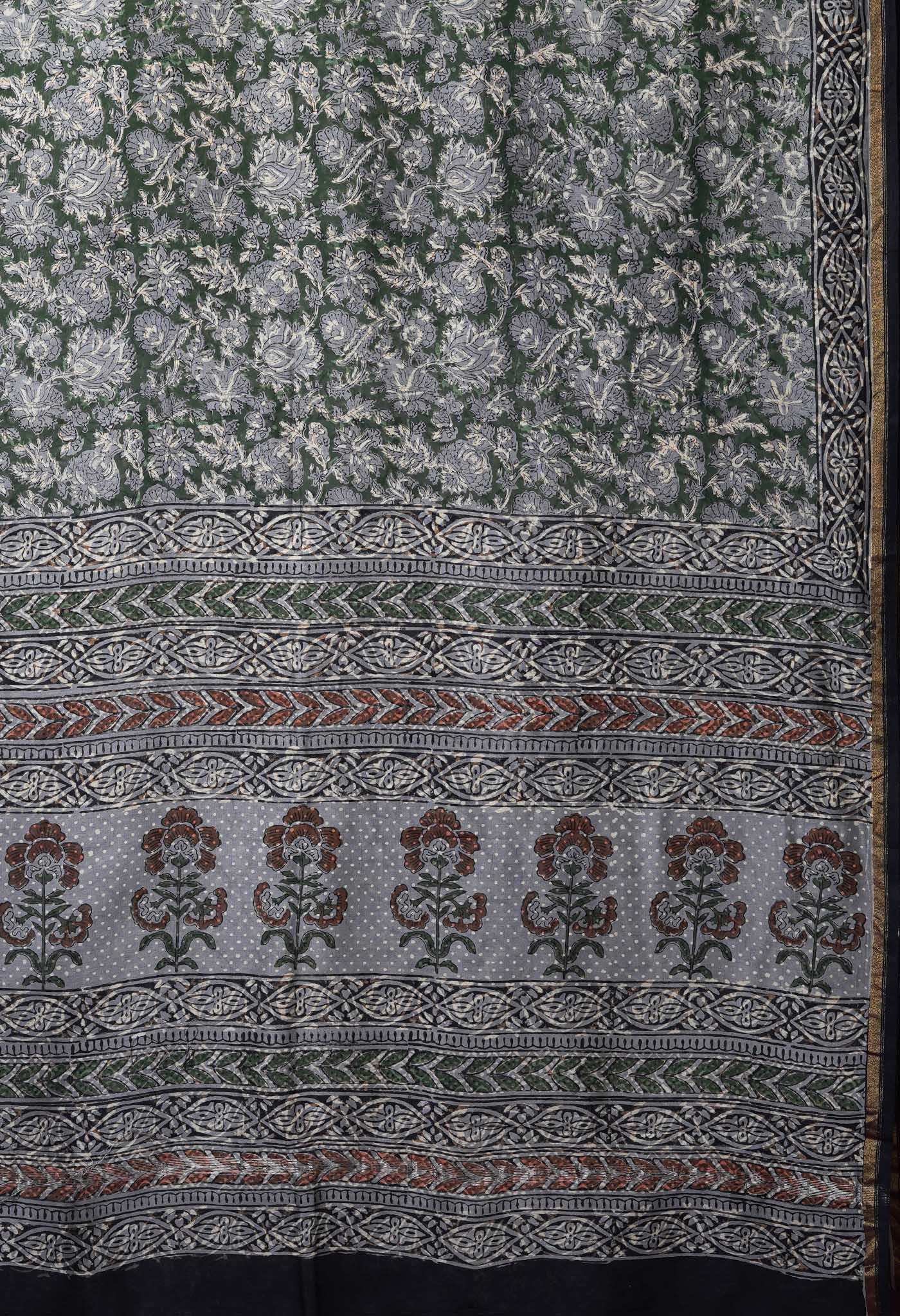 Green Pure Bagru Block Printed Chanderi Sico Saree-UNM82692