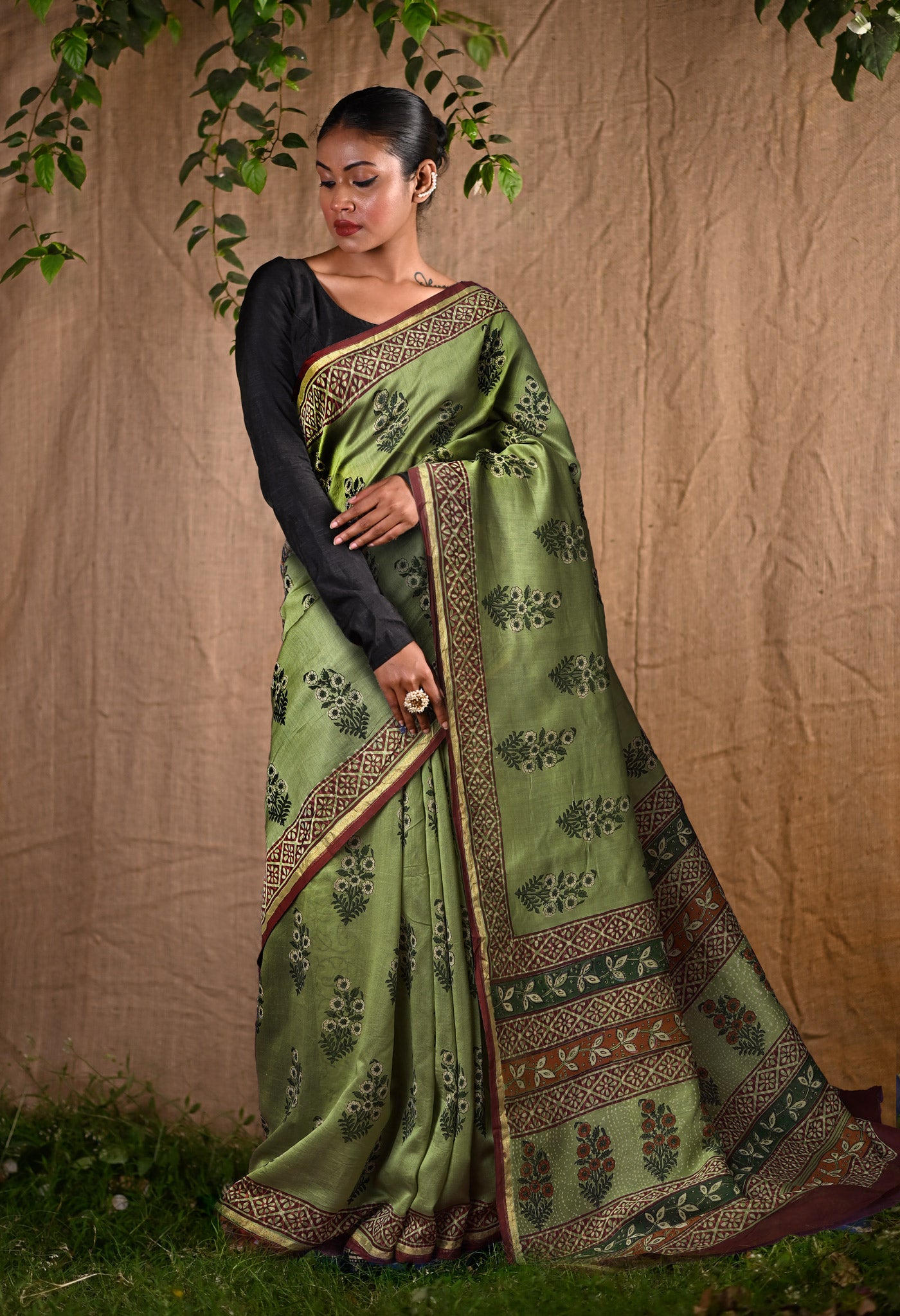 Green Pure Bagru Block Printed Chanderi Sico Saree-UNM82693