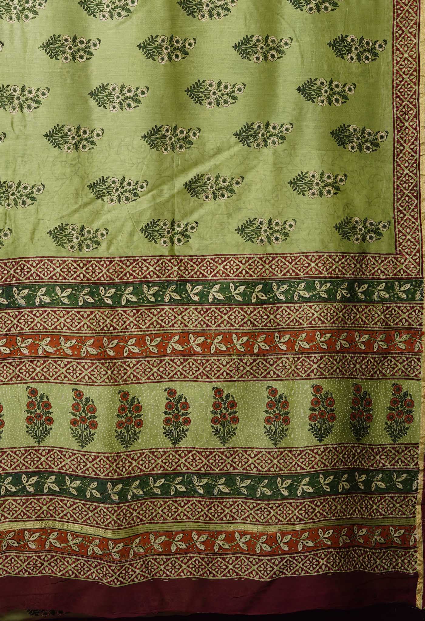 Green Pure Bagru Block Printed Chanderi Sico Saree-UNM82693