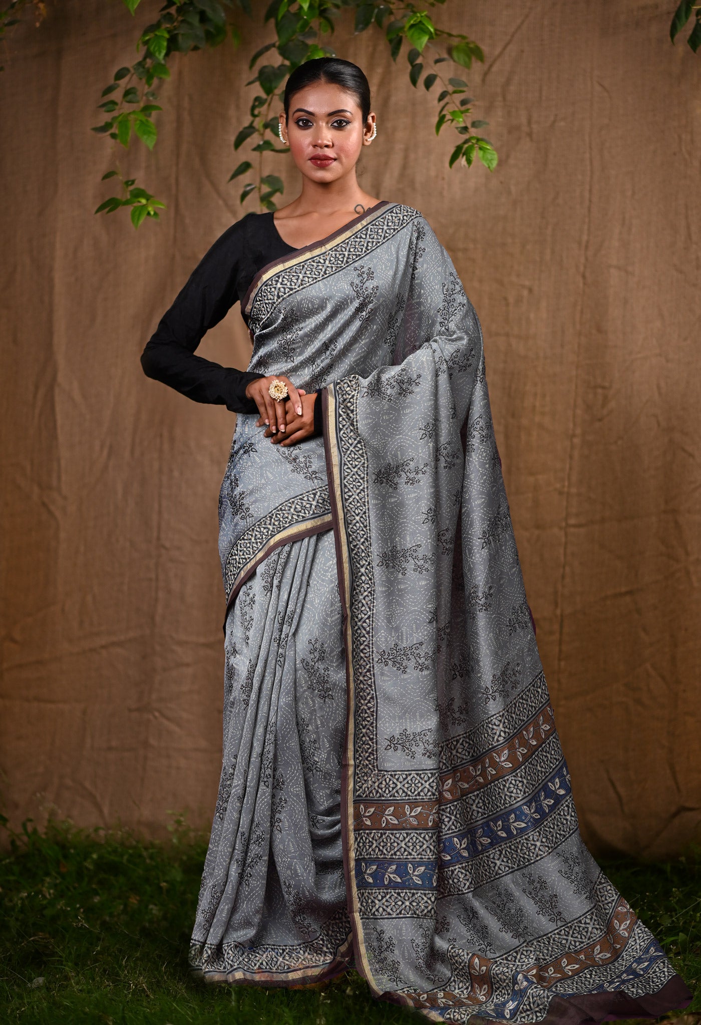 Grey Pure Bagru Block Printed Chanderi Sico Saree-UNM82695
