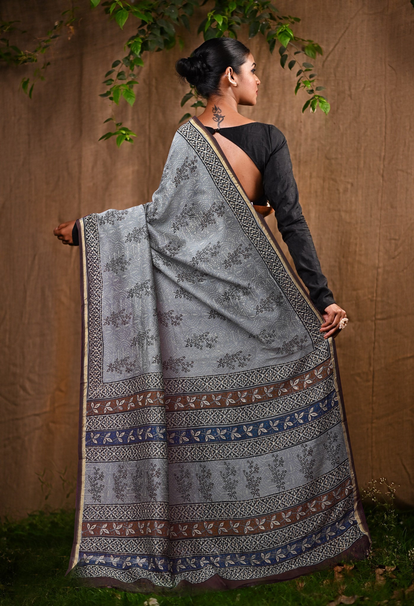 Grey Pure Bagru Block Printed Chanderi Sico Saree-UNM82695