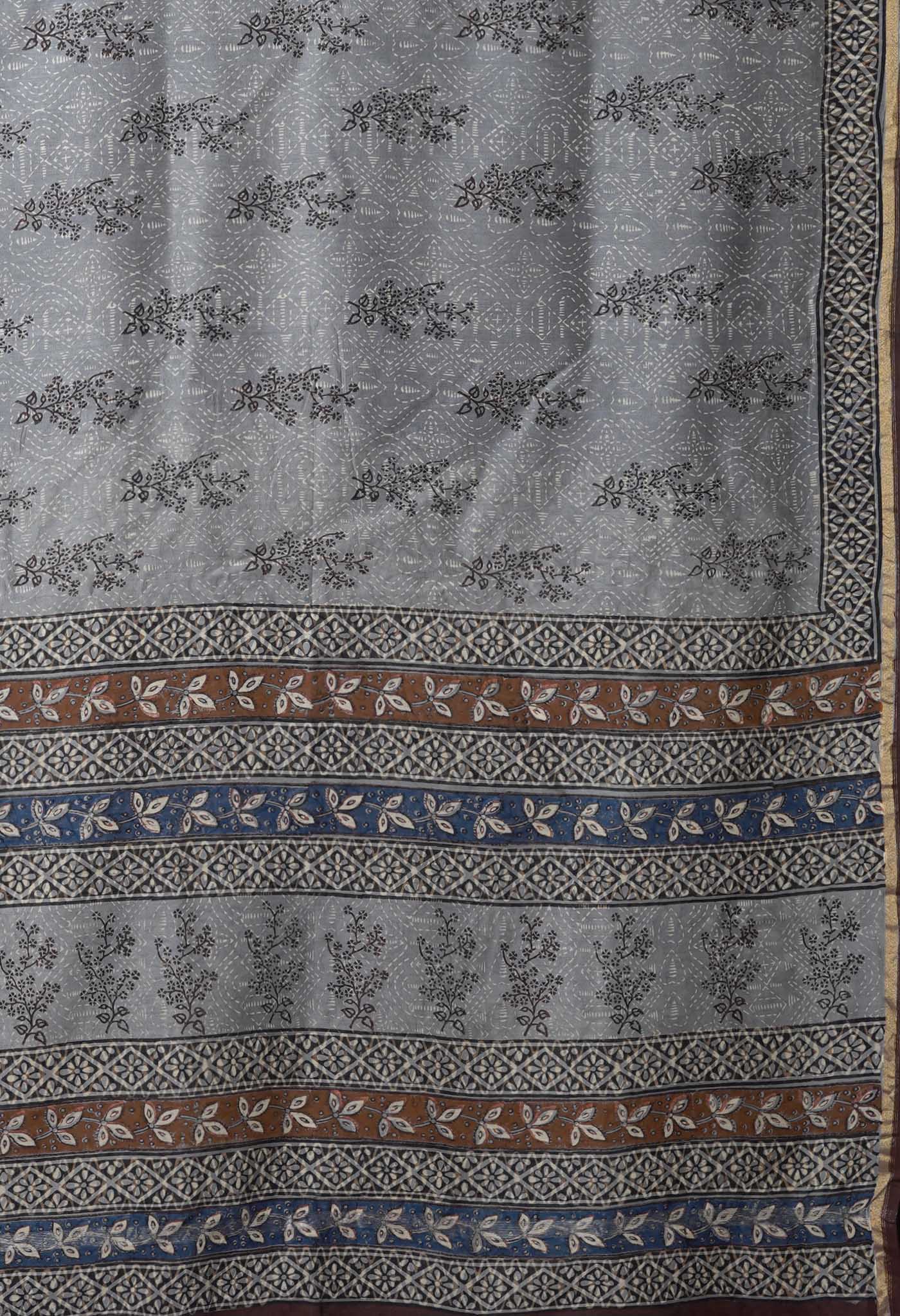 Grey Pure Bagru Block Printed Chanderi Sico Saree-UNM82695
