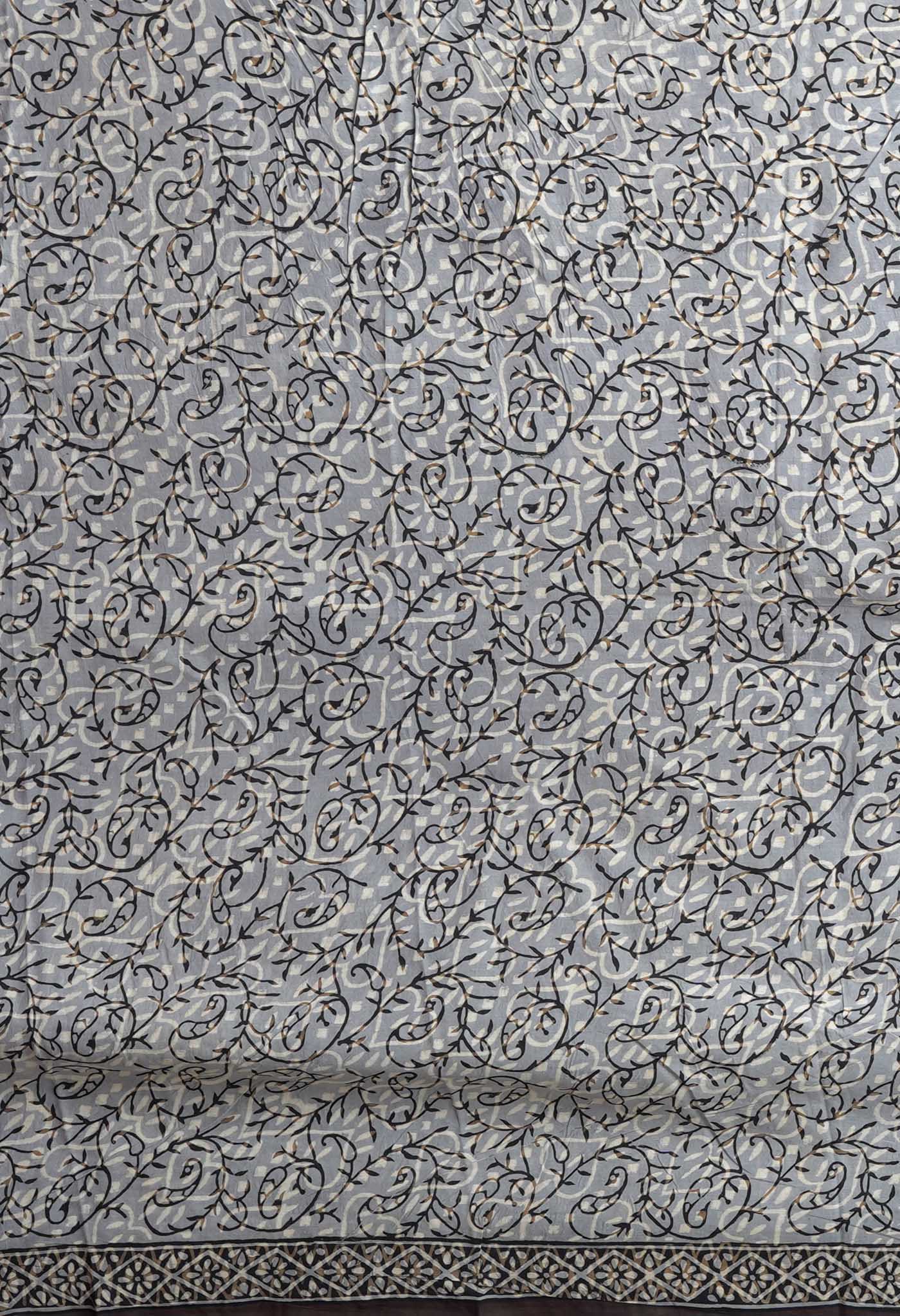 Grey Pure Bagru Block Printed Chanderi Sico Saree-UNM82695