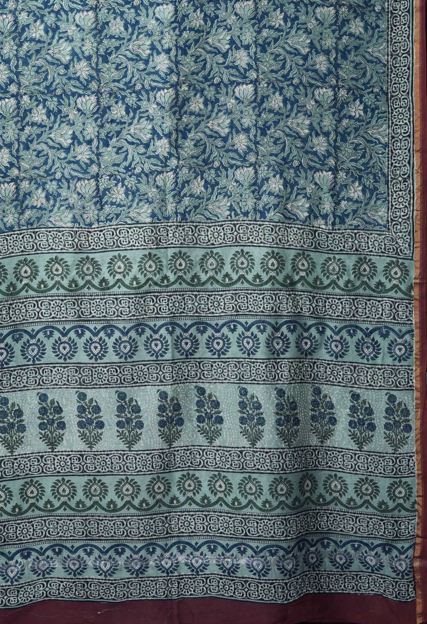 Peacock Blue Pure Bagru Block Printed Chanderi Sico Saree-UNM82696